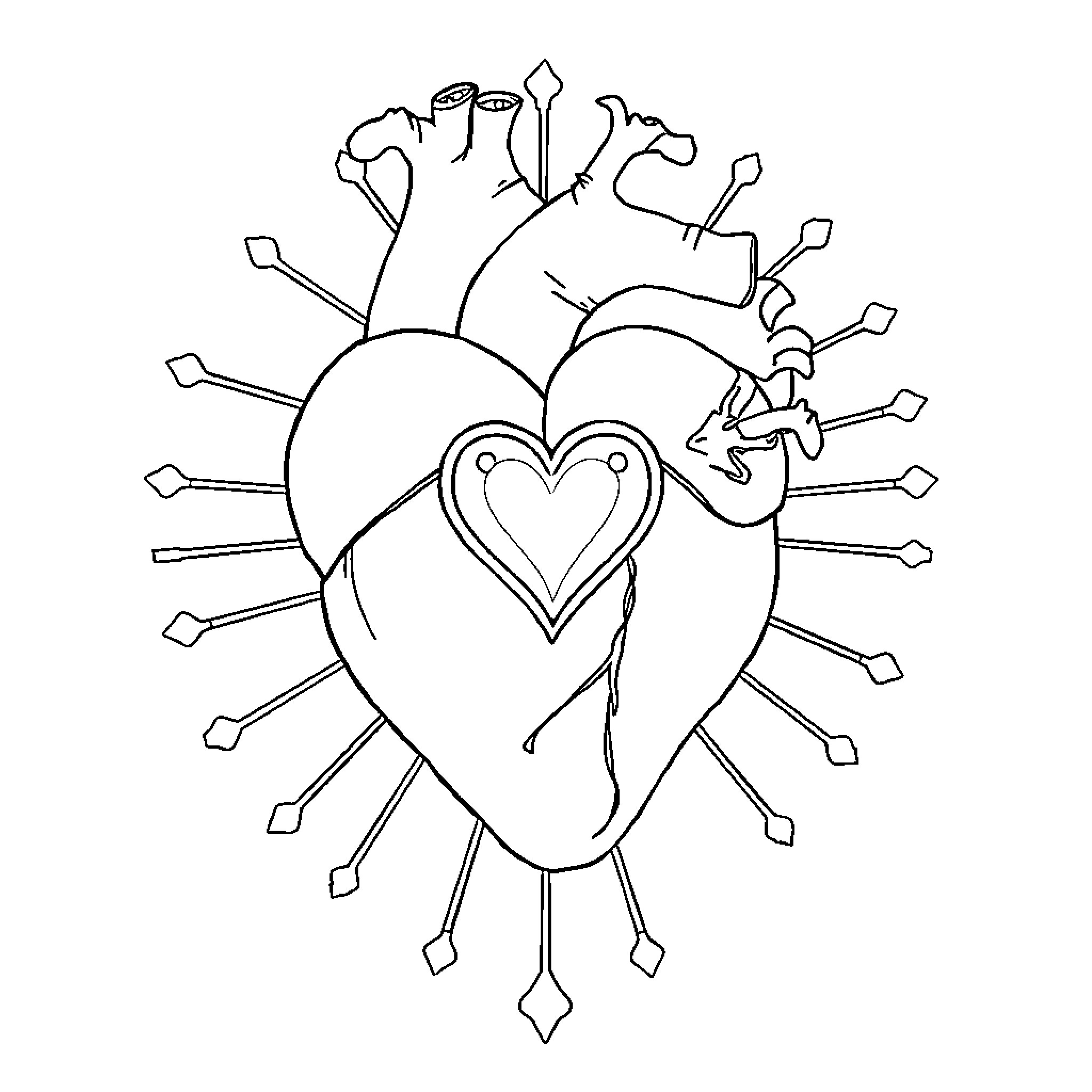 Skeleton Heart with Radiating Spikes Coloring Page (free black-and-white line drawing printable PDF for all, from beginners to advanced learners, including children, teens, adults, and seniors)