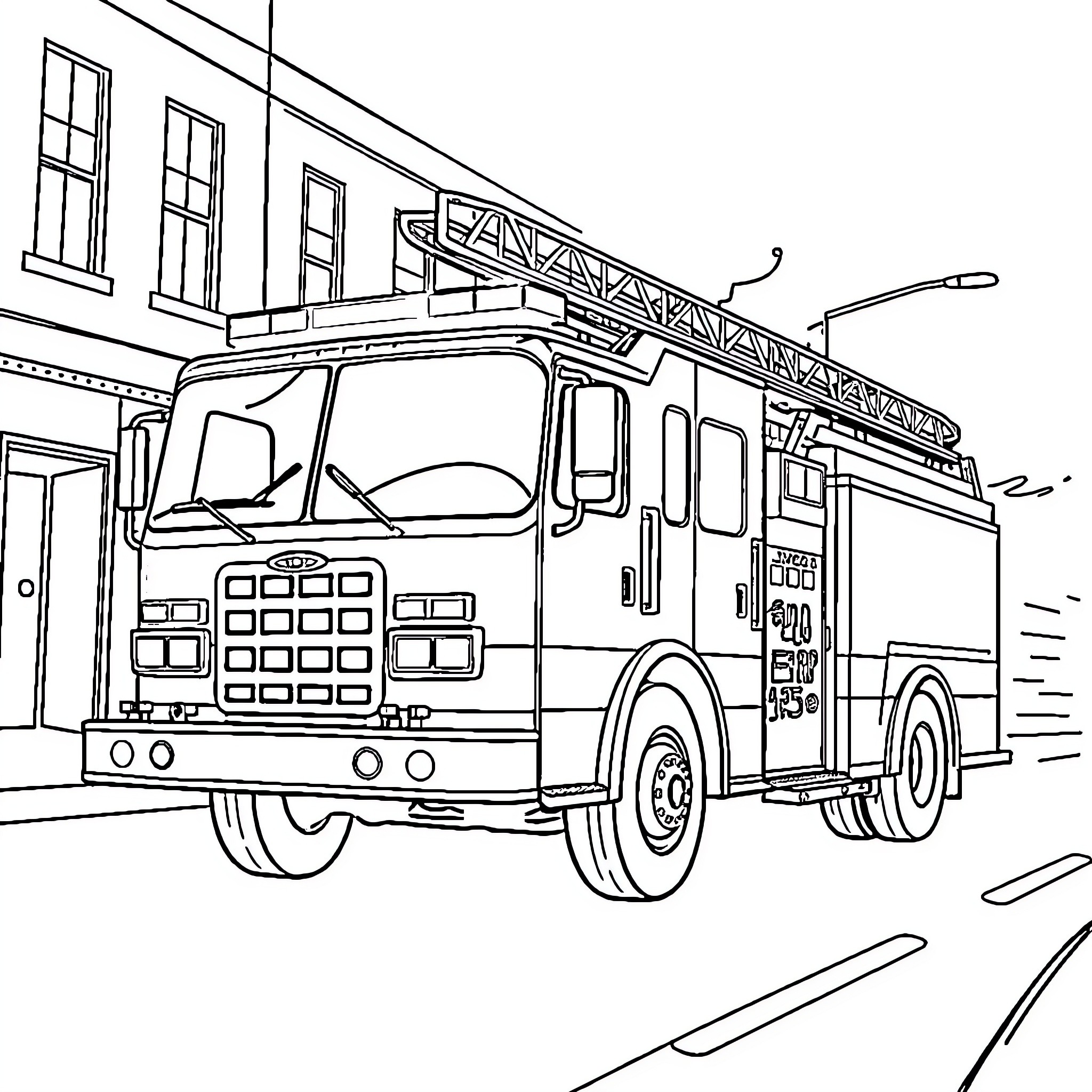 Fire Truck Responding to Emergency Call Coloring Page (free black-and-white line drawing printable PDF for all, from beginners to advanced learners, including children, teens, adults, and seniors)