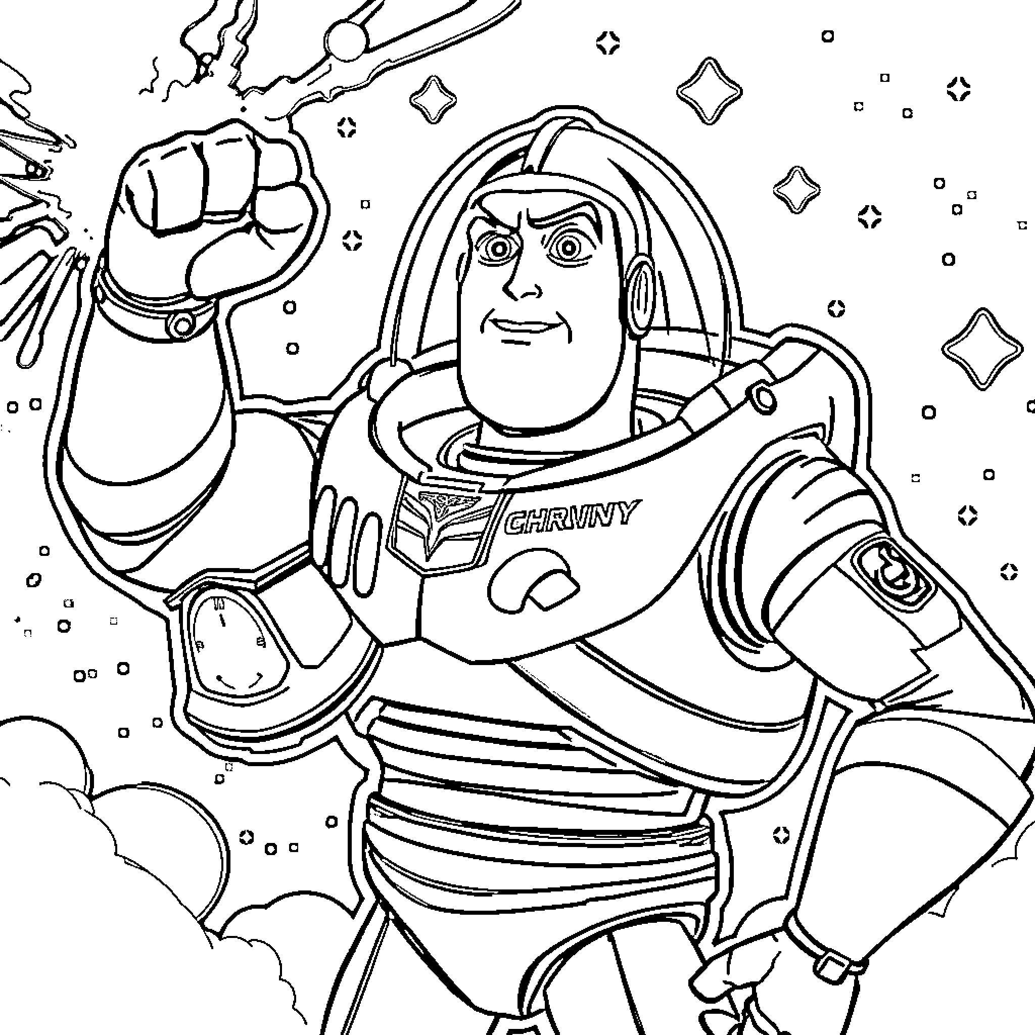 Buzz Lightyear in heroic space adventure Coloring Page (free black-and-white line drawing printable PDF for all, from beginners to advanced learners, including children, teens, adults, and seniors)