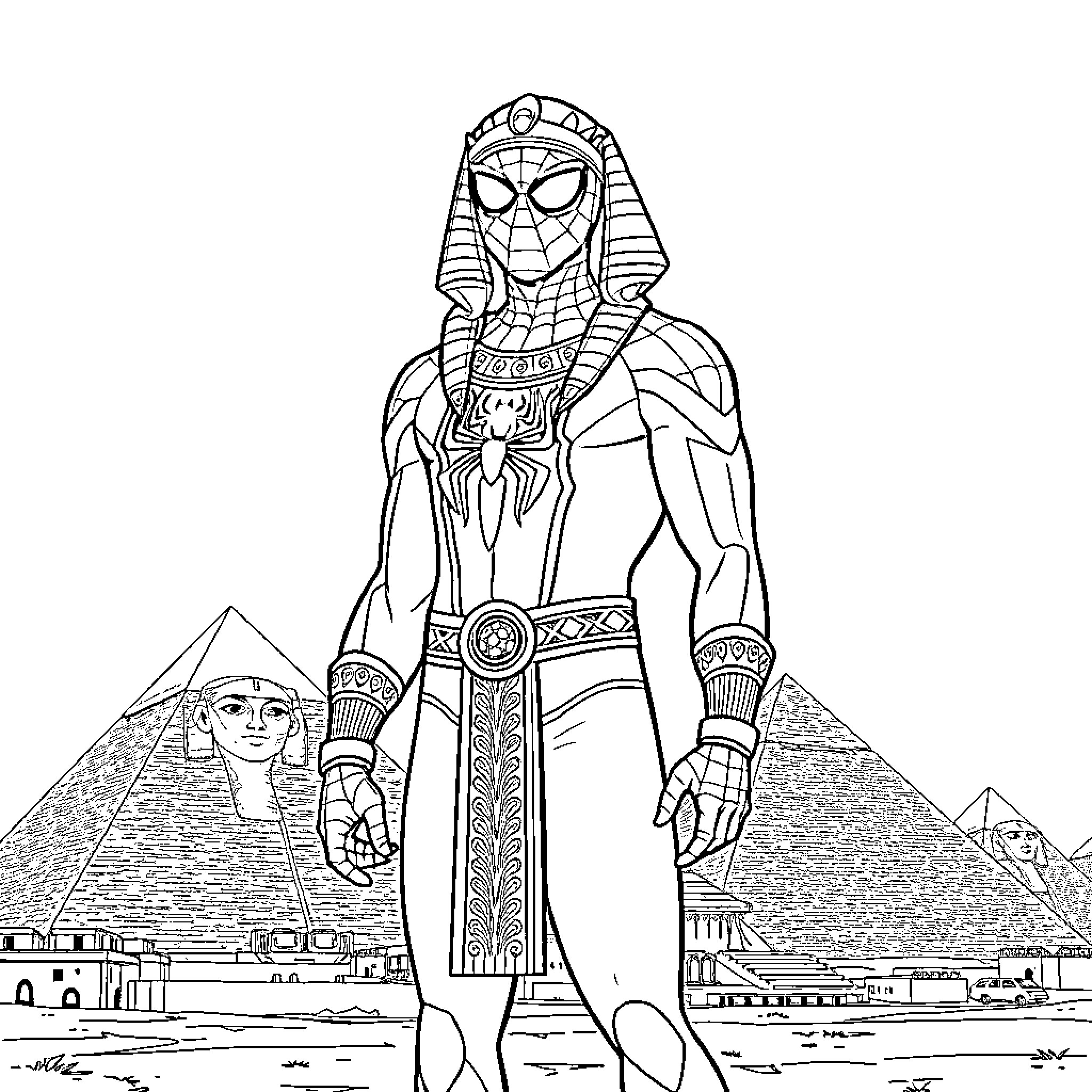 Spider-Man in Ancient Egyptian Attire Coloring Page (free black-and-white line drawing printable PDF for all, from beginners to advanced learners, including children, teens, adults, and seniors)