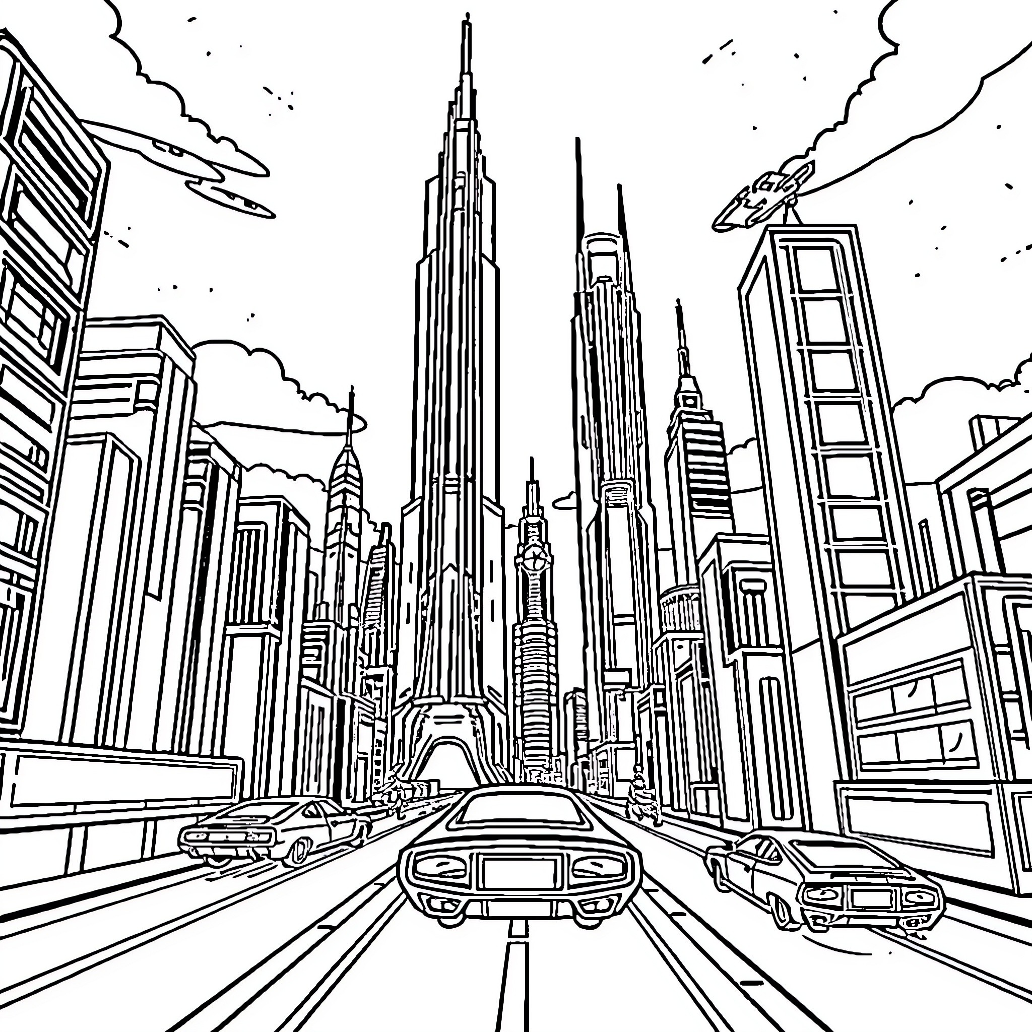 City with Skyscrapers and Speeding Cars Coloring Page (free black-and-white line drawing printable PDF for all, from beginners to advanced learners, including children, teens, adults, and seniors)