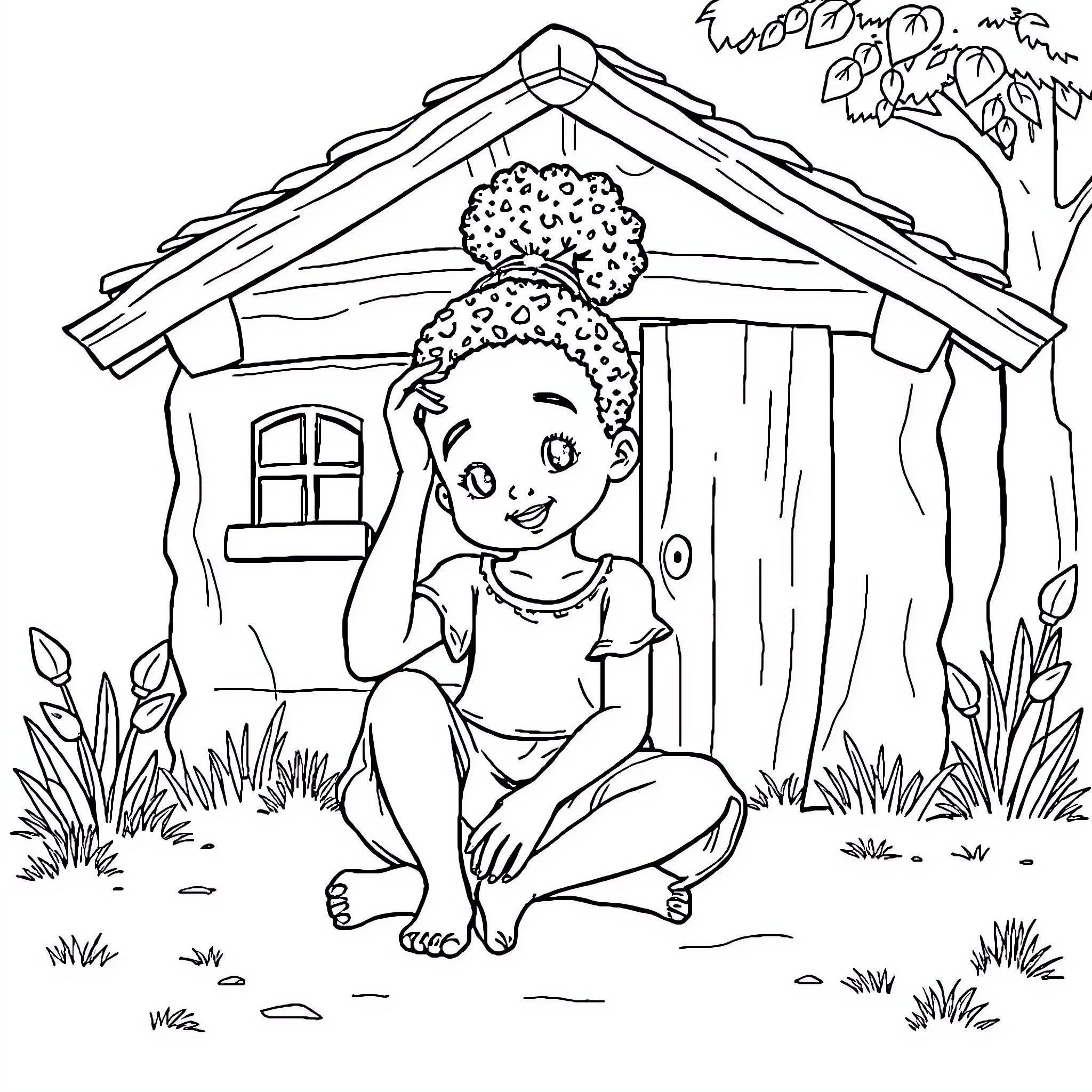 Fillette enjoying the outdoors near a cozy cabin Coloring Page (free black-and-white line drawing printable PDF for all, from beginners to advanced learners, including children, teens, adults, and seniors)