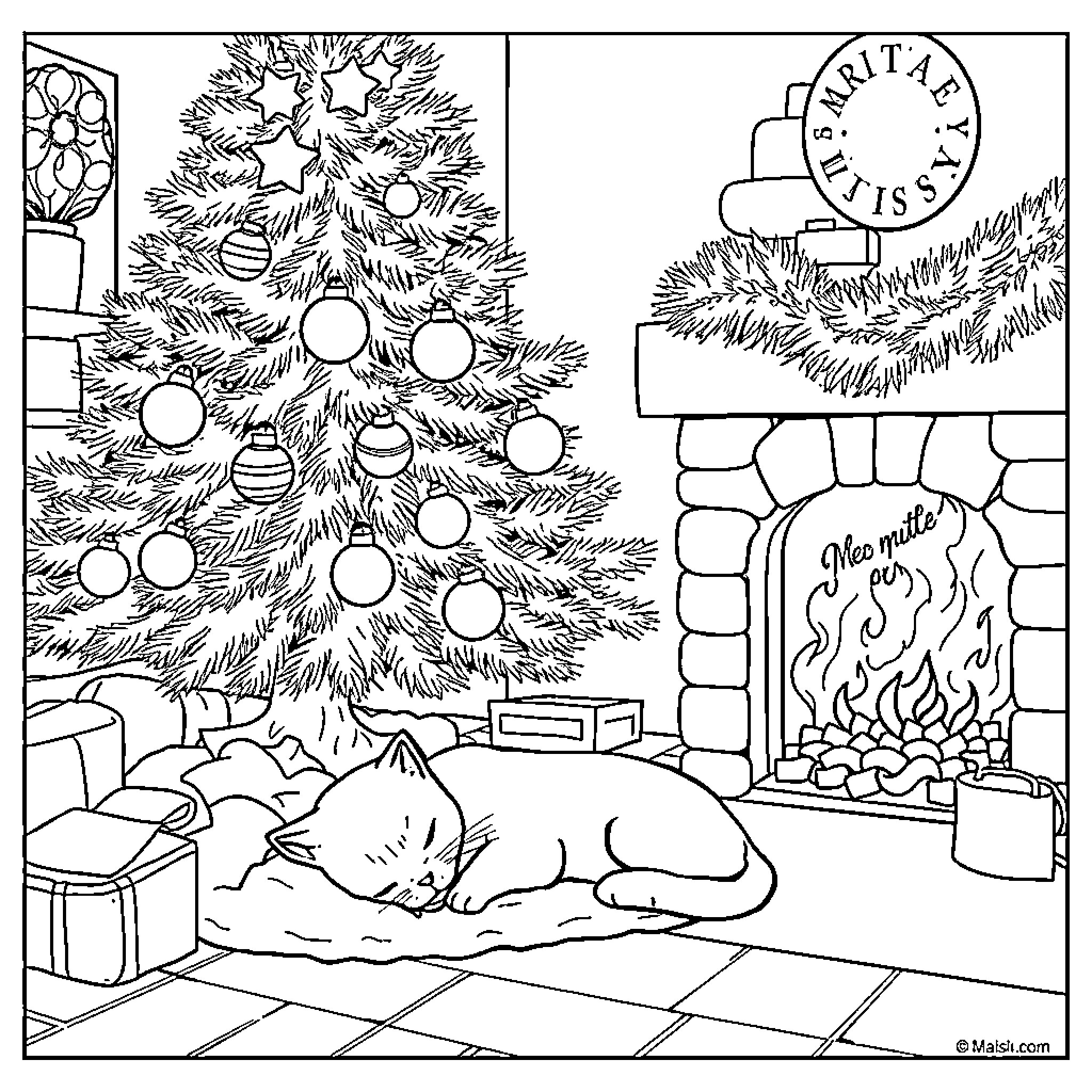 Cat resting peacefully by the Christmas tree Coloring Page (free black-and-white line drawing printable PDF for all, from beginners to advanced learners, including children, teens, adults, and seniors)
