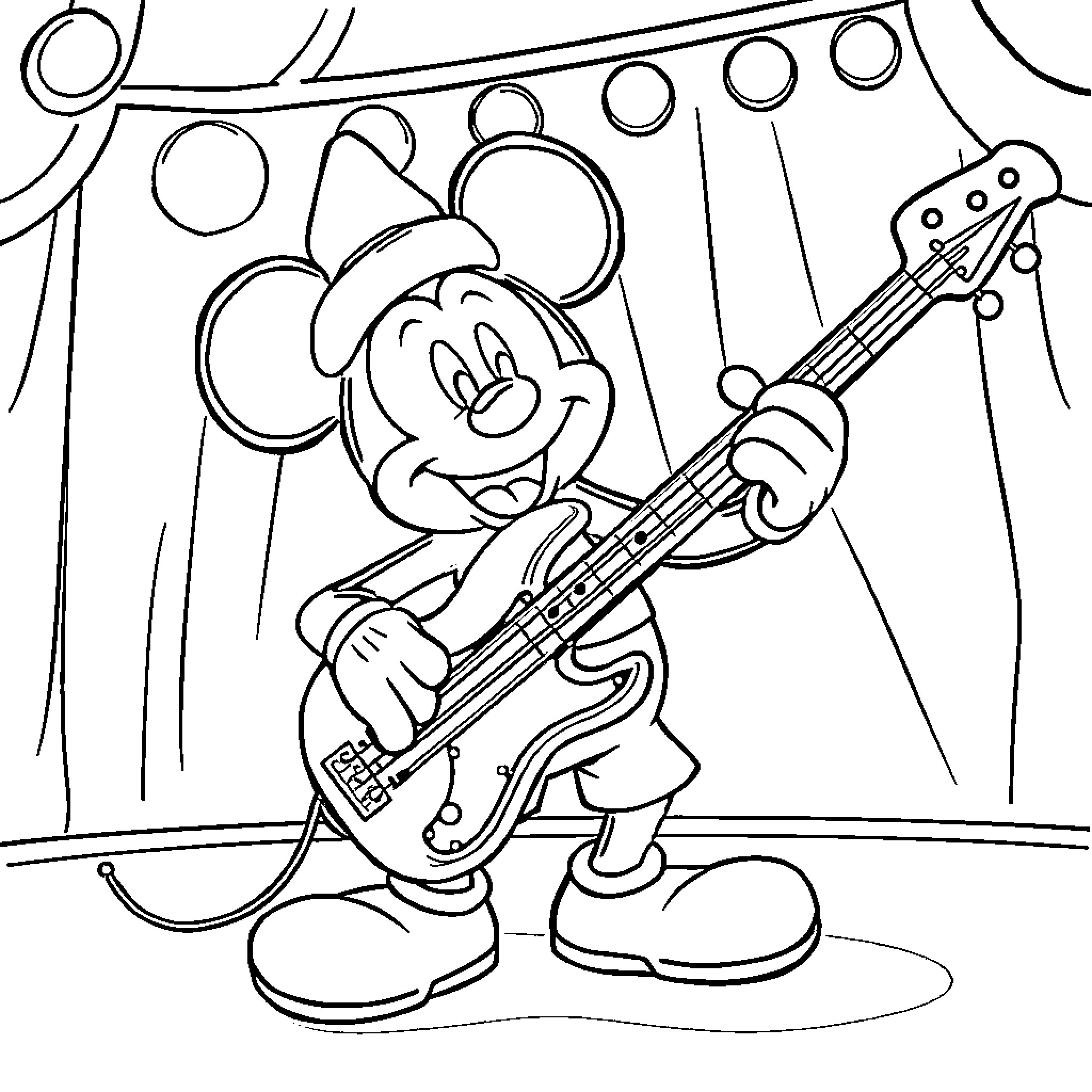 Mickey Mouse playing guitar on stage Coloring Page (free black-and-white line drawing printable PDF for all, from beginners to advanced learners, including children, teens, adults, and seniors)