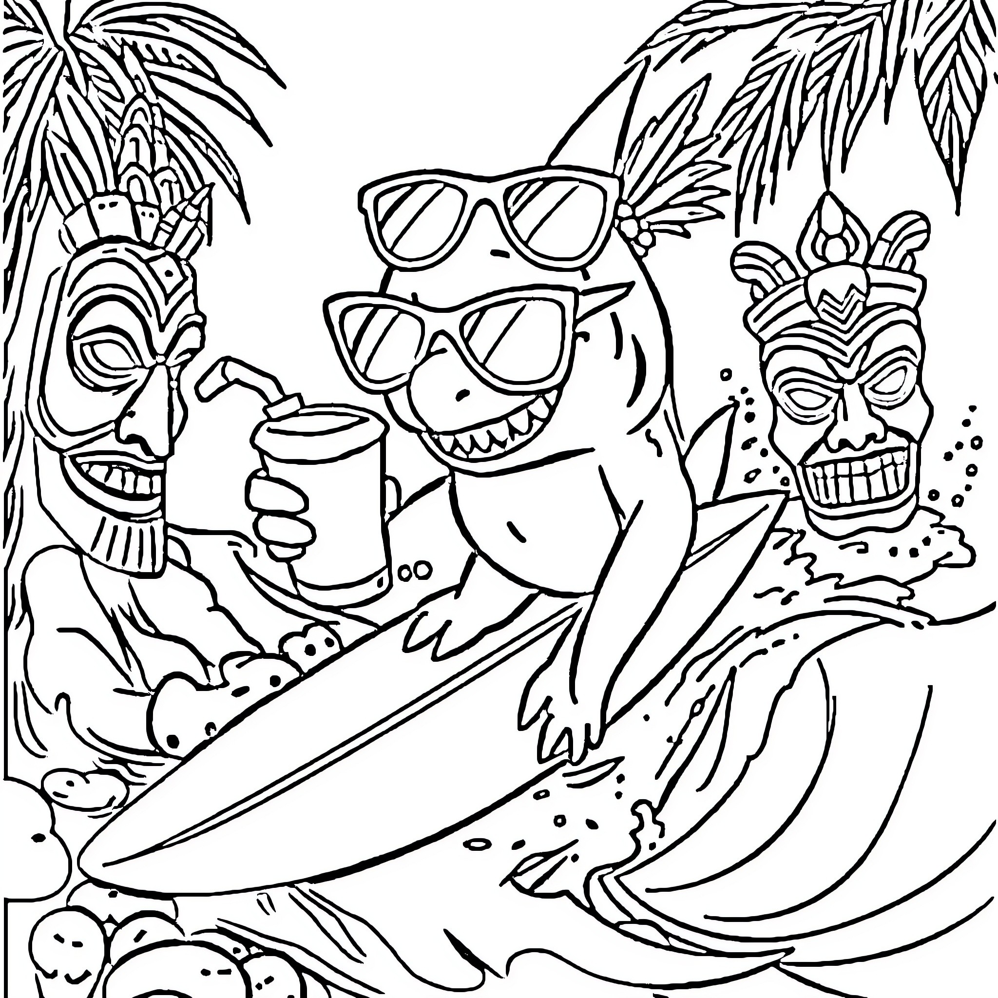 Shark surfing with tropical tiki masks Coloring Page (free black-and-white line drawing printable PDF for all, from beginners to advanced learners, including children, teens, adults, and seniors)