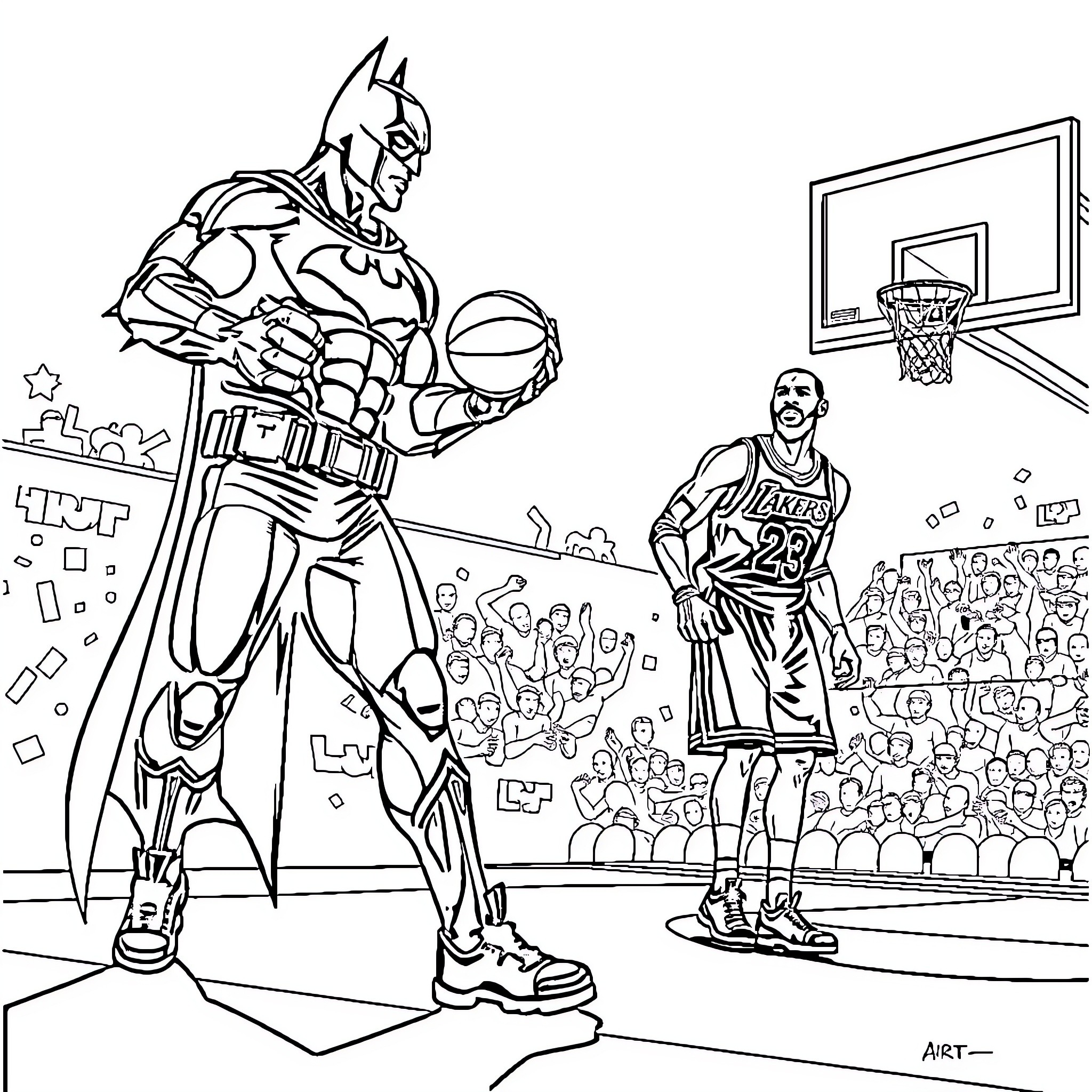 Dark Knight Facing Off Against Basketball Player Coloring Page (free black-and-white line drawing printable PDF for all, from beginners to advanced learners, including children, teens, adults, and seniors)