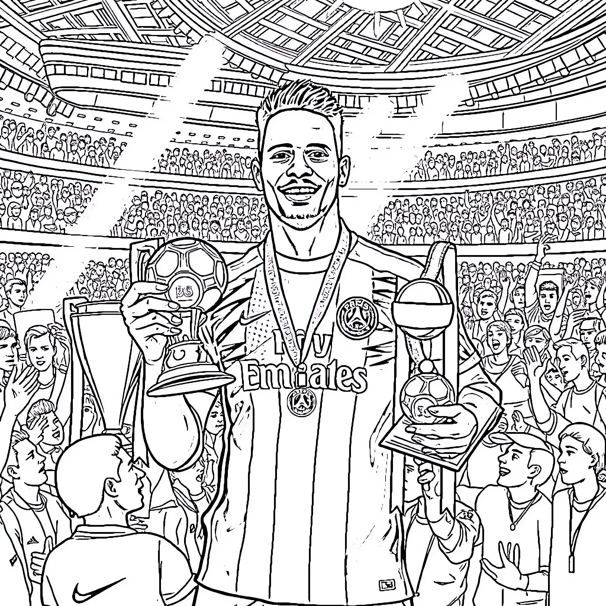 Dembelé Celebrating with Fans and Trophies Coloring Page (free black-and-white line drawing printable PDF for all, from beginners to advanced learners, including children, teens, adults, and seniors)