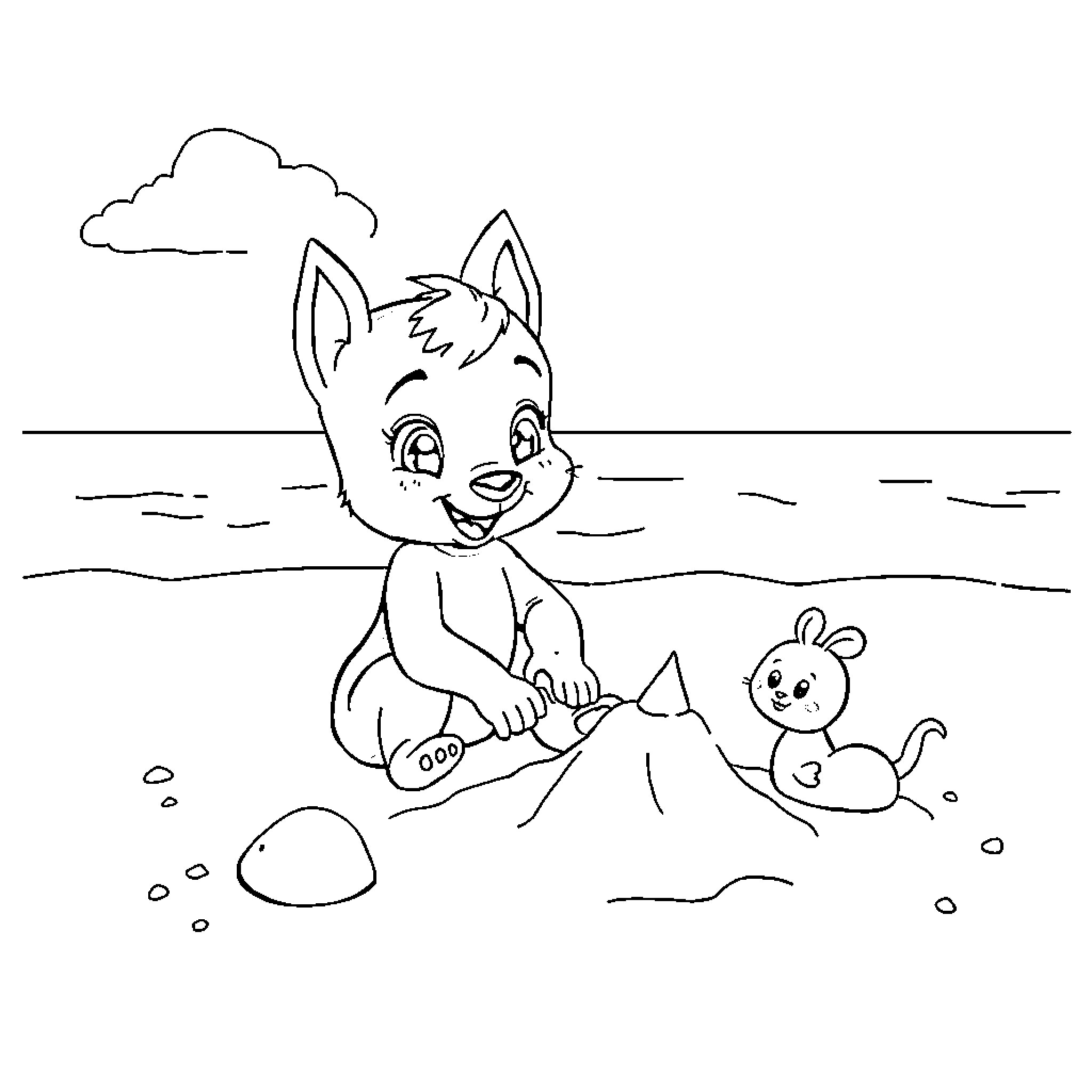 Bluey playing joyfully on the beach with friends Coloring Page (free black-and-white line drawing printable PDF for all, from beginners to advanced learners, including children, teens, adults, and seniors)