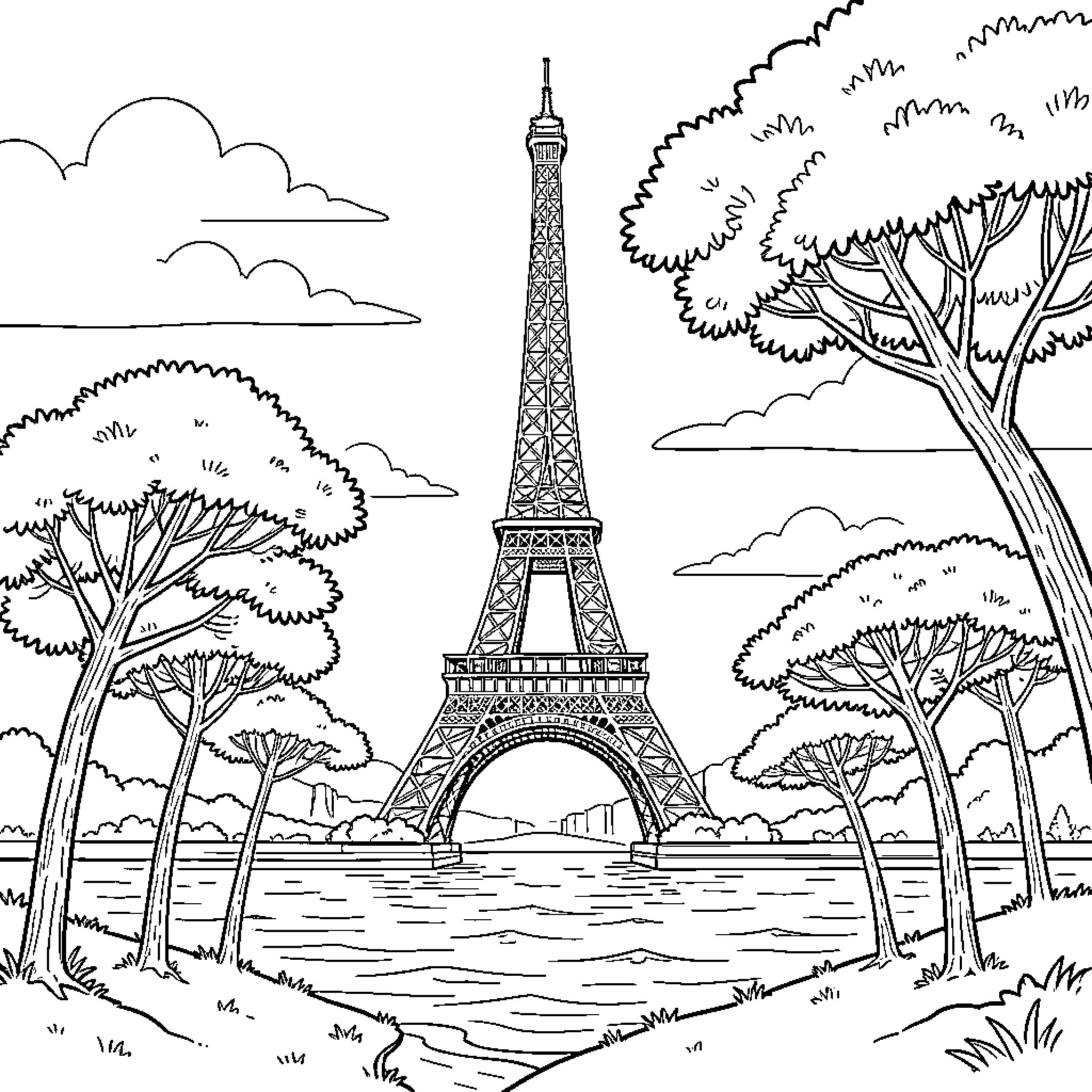 Eiffel Tower standing tall among trees and clouds Coloring Page (free black-and-white line drawing printable PDF for all, from beginners to advanced learners, including children, teens, adults, and seniors)