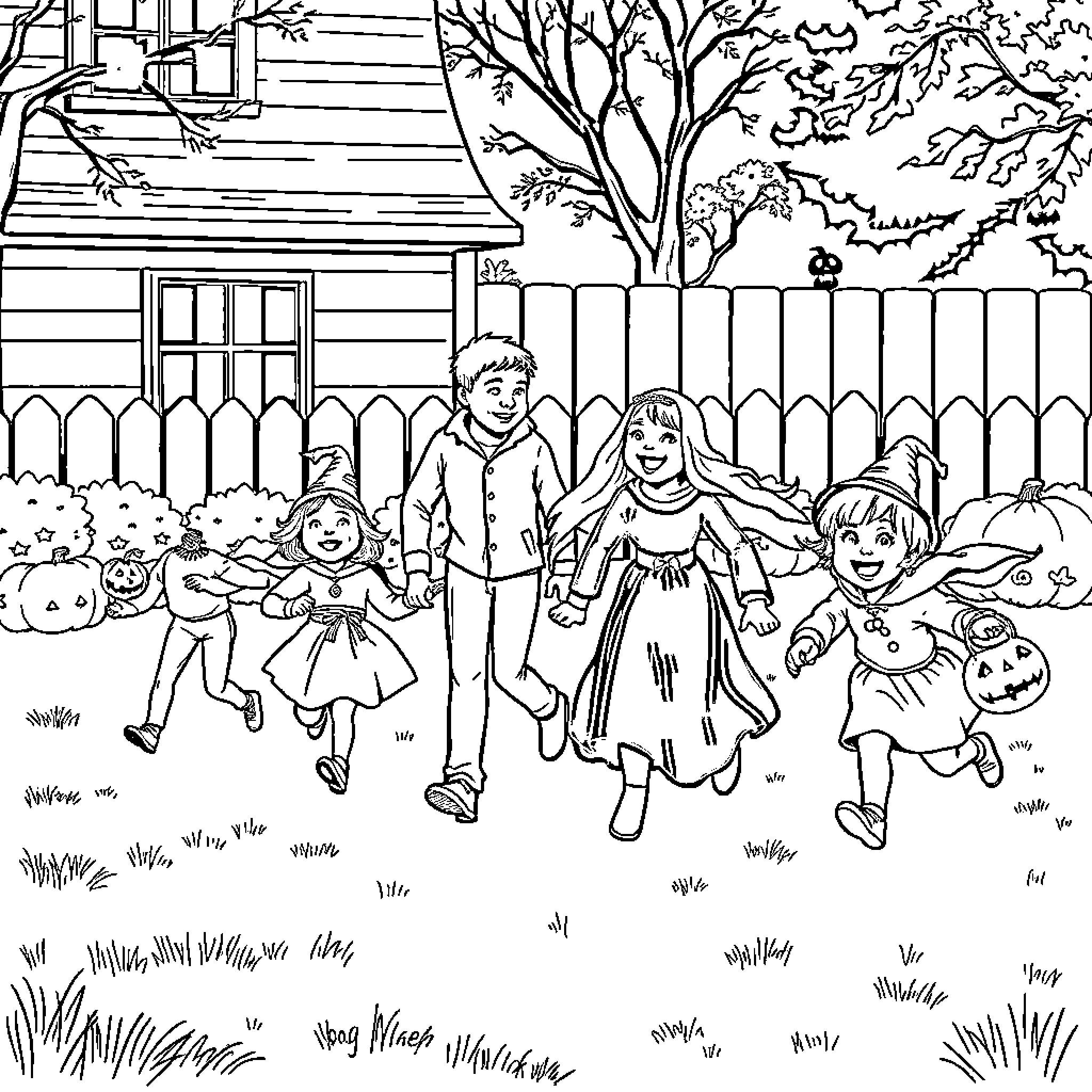 Children playing in autumn yard Coloring Page (free black-and-white line drawing printable PDF for all, from beginners to advanced learners, including children, teens, adults, and seniors)