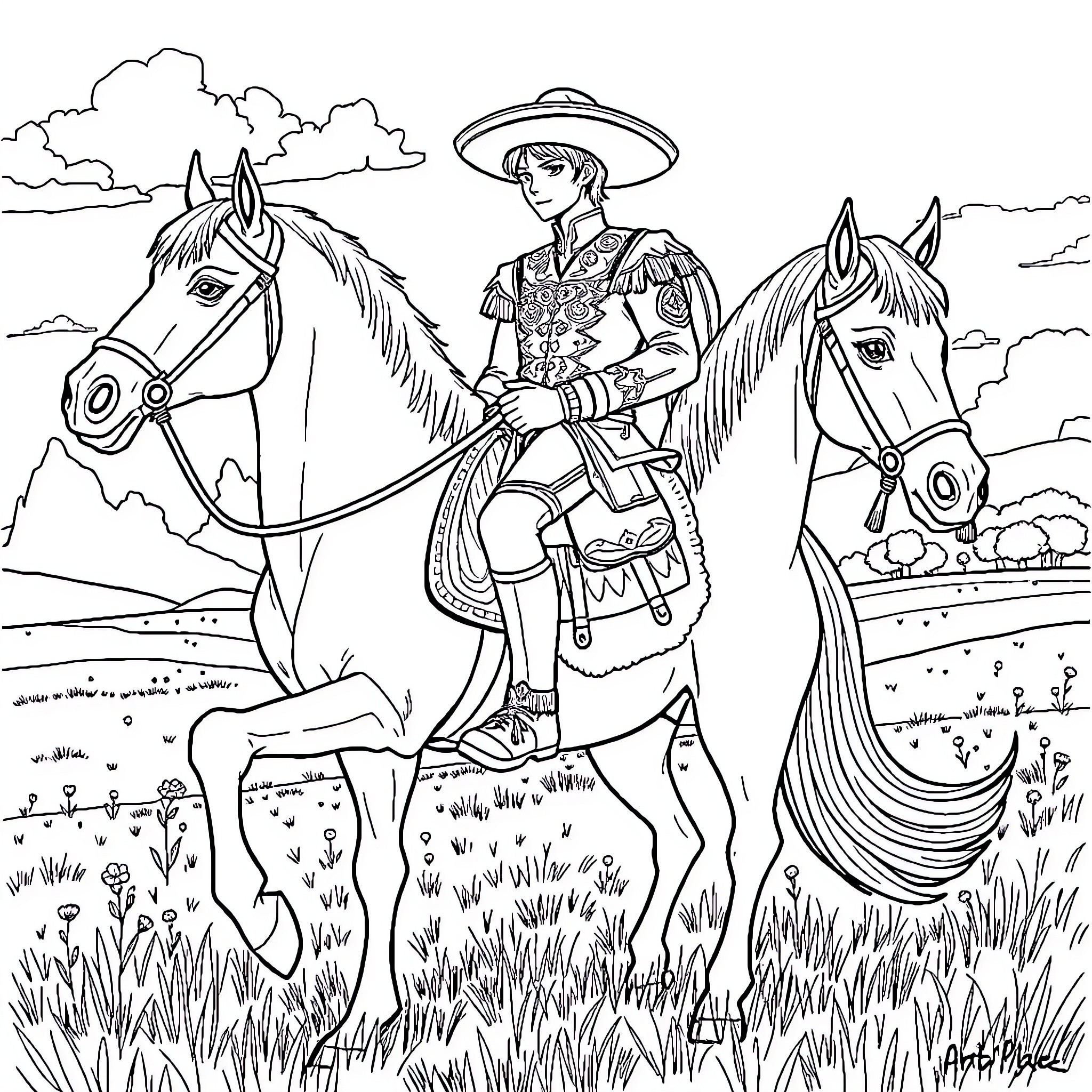 Seiya's Equestrian Adventure in the Countryside Coloring Page (free black-and-white line drawing printable PDF for all, from beginners to advanced learners, including children, teens, adults, and seniors)