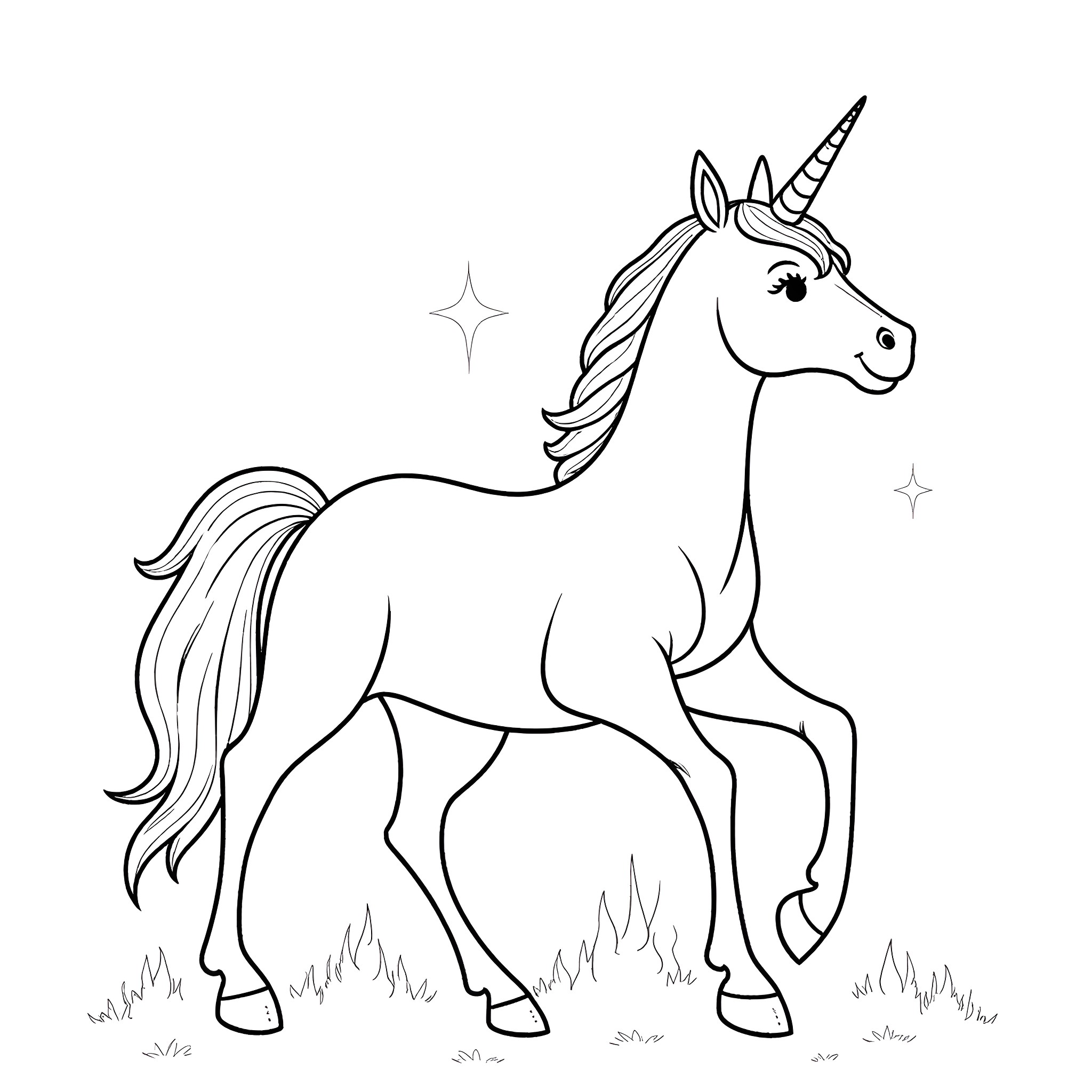 Unicorn standing gracefully in the meadow Coloring Page (free black-and-white line drawing printable PDF for all, from beginners to advanced learners, including children, teens, adults, and seniors)