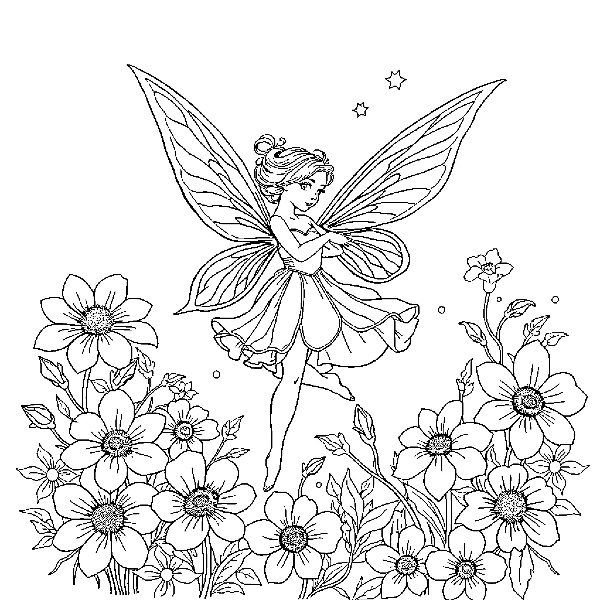 Fairy Dancing Gracefully Among Flowers Coloring Page (free black-and-white line drawing printable PDF for all, from beginners to advanced learners, including children, teens, adults, and seniors)