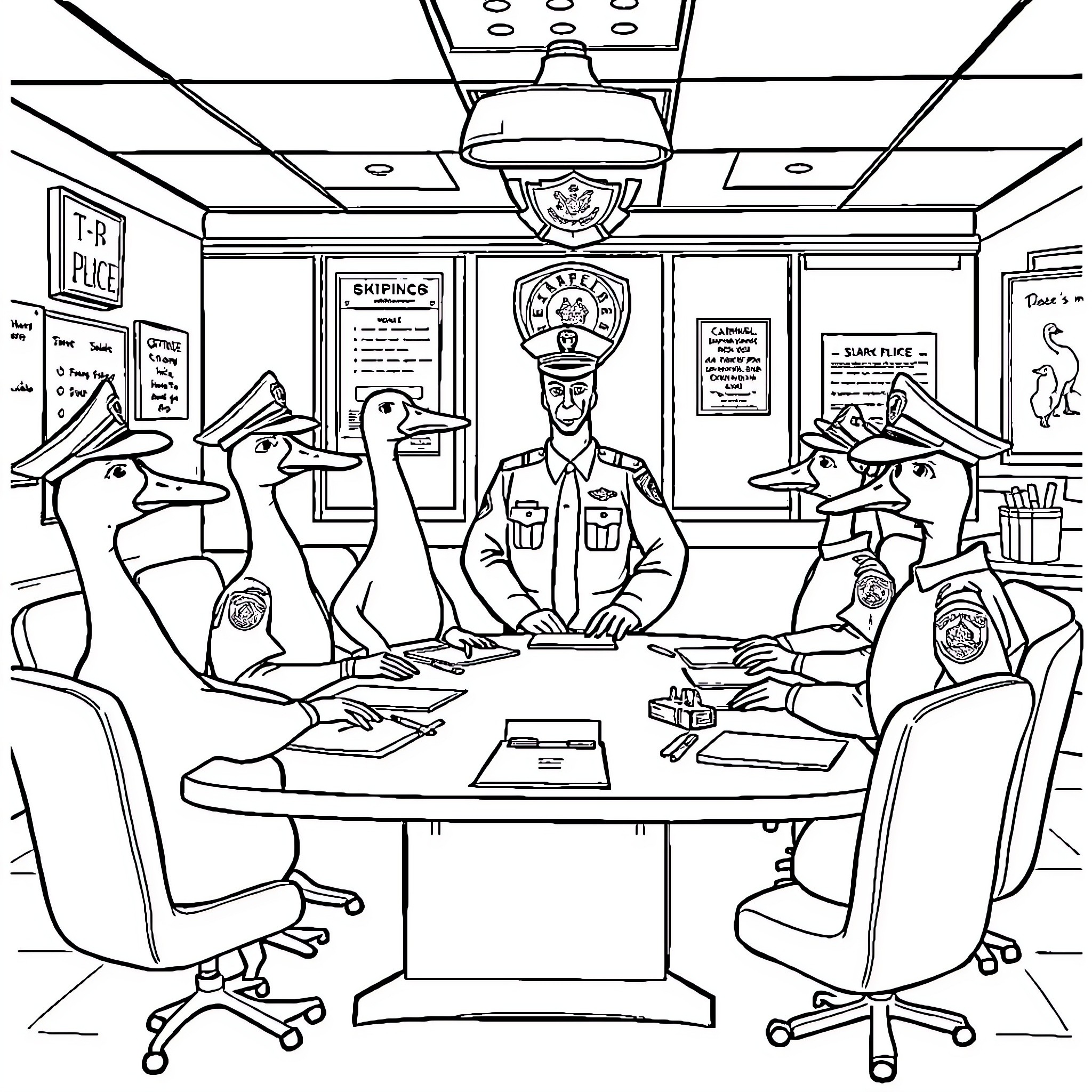 Goose officers seated at a police station desk Coloring Page (free black-and-white line drawing printable PDF for all, from beginners to advanced learners, including children, teens, adults, and seniors)