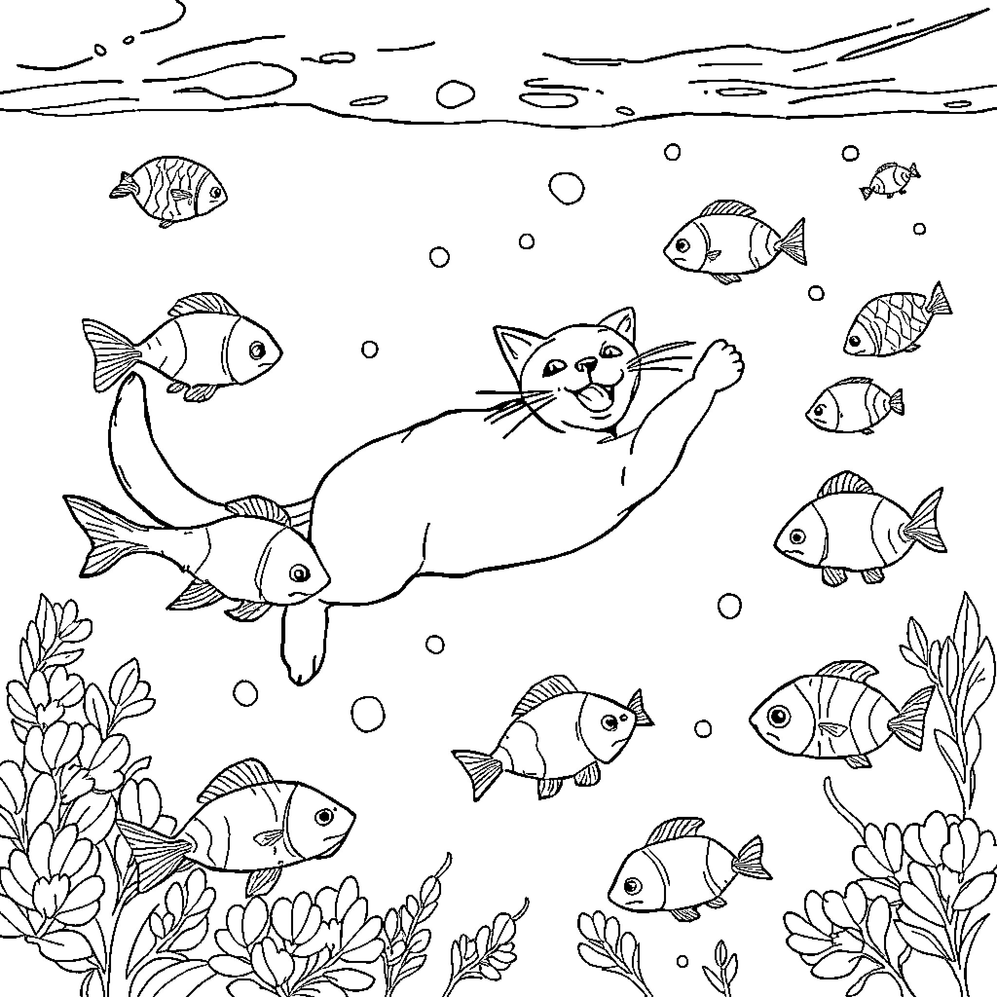 Cat swimming with fish in underwater scene Coloring Page (free black-and-white line drawing printable PDF for all, from beginners to advanced learners, including children, teens, adults, and seniors)