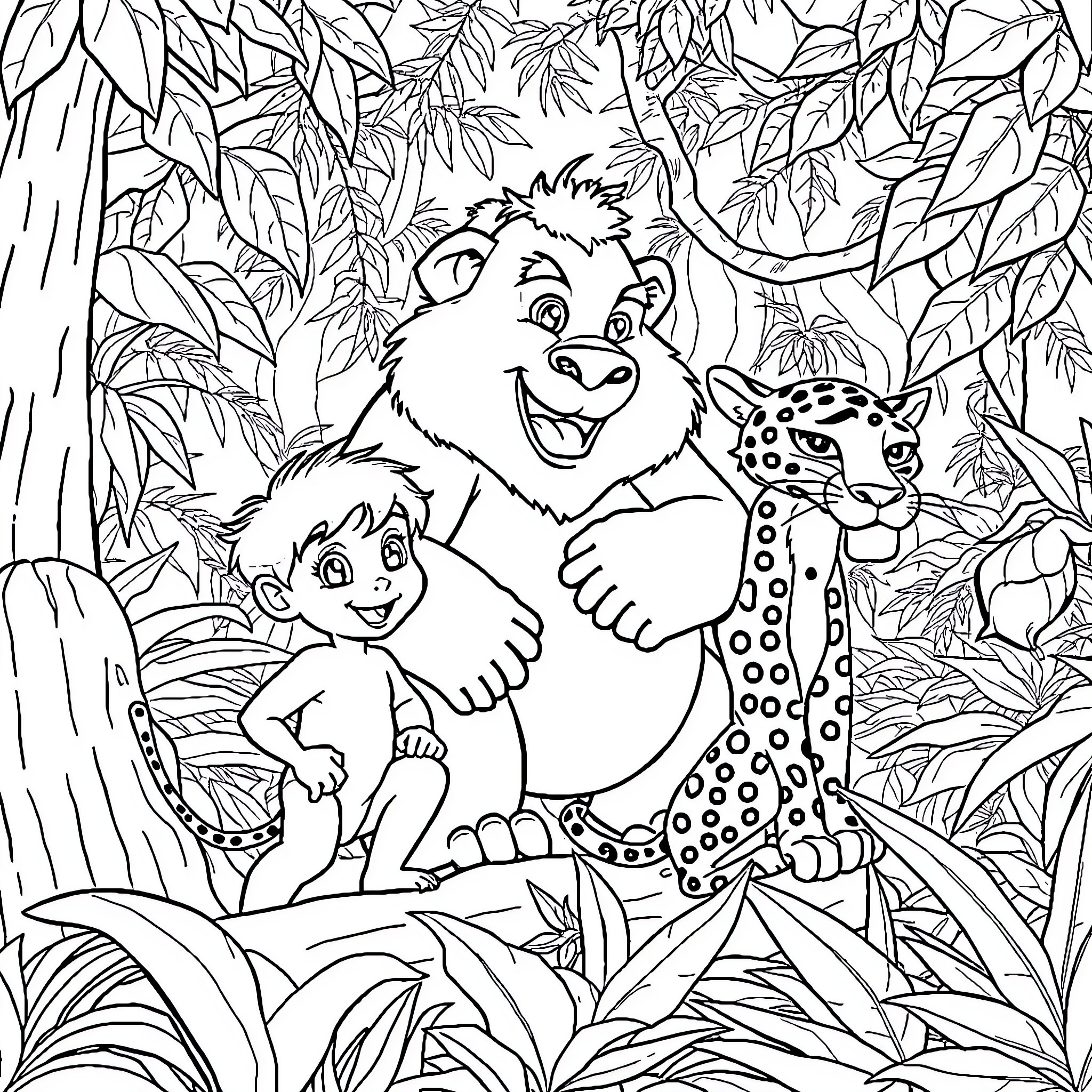 Jungle Book Characters in Leafy Jungle Coloring Page (free black-and-white line drawing printable PDF for all, from beginners to advanced learners, including children, teens, adults, and seniors)