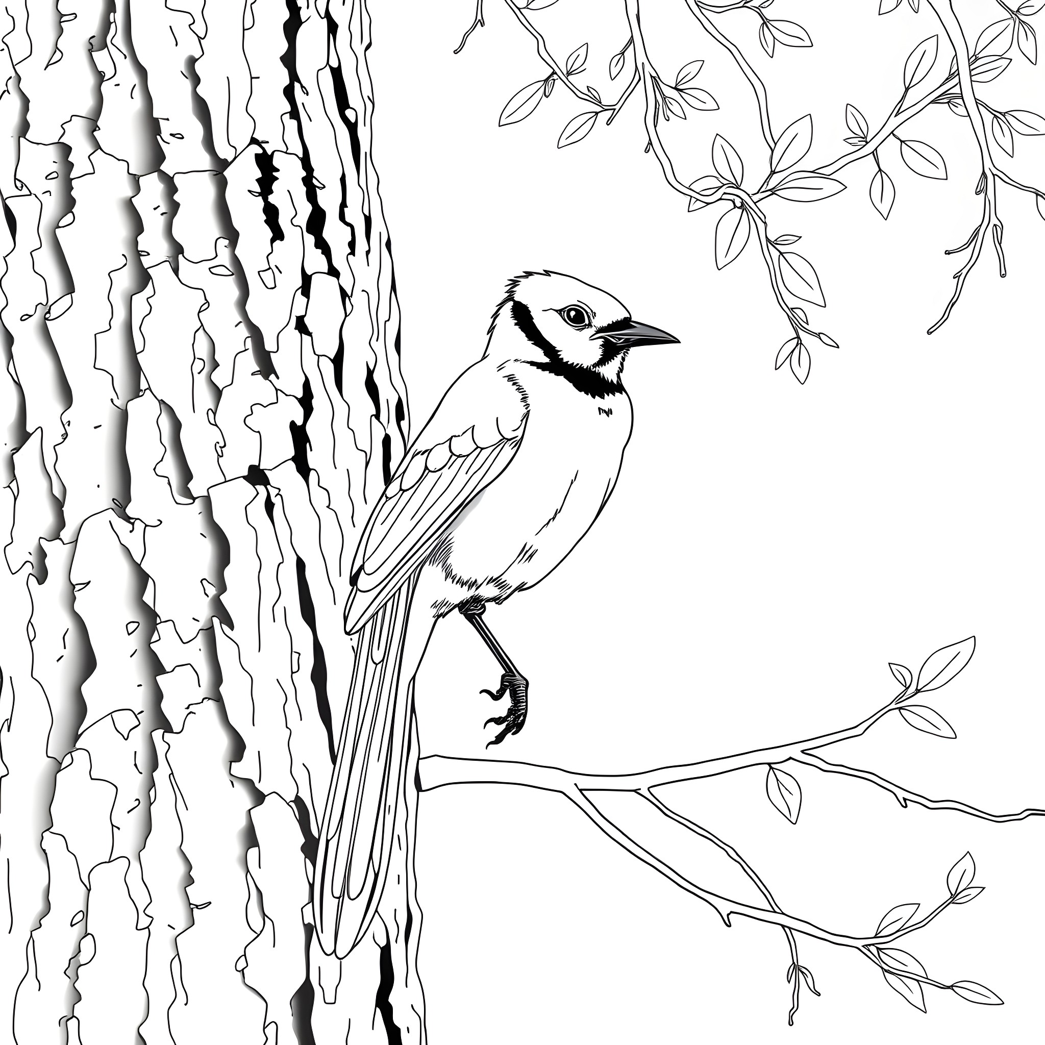 Jay's peaceful encounter with nature Coloring Page (free black-and-white line drawing printable PDF for all, from beginners to advanced learners, including children, teens, adults, and seniors)