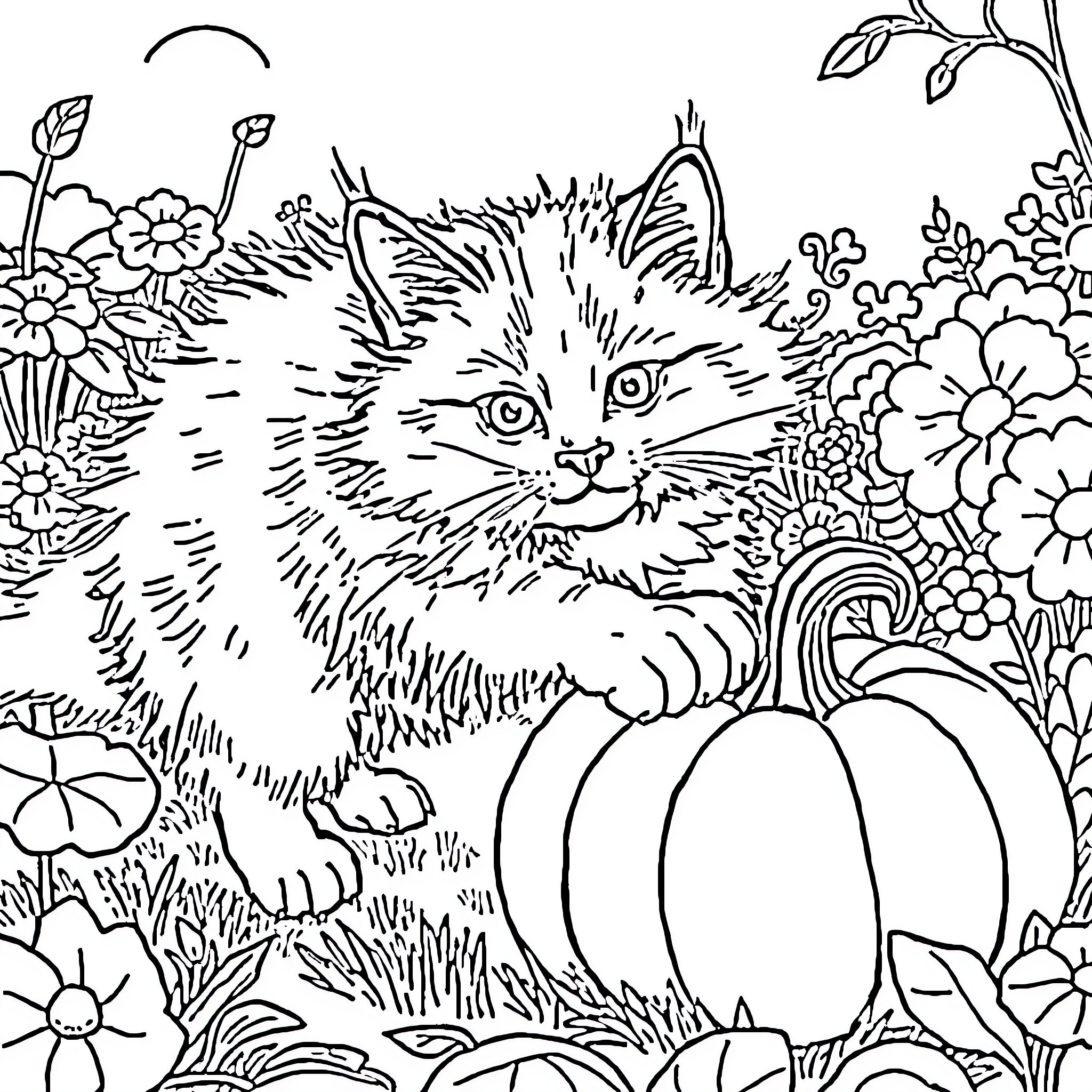 Cat in a floral garden Coloring Page (free black-and-white line drawing printable PDF for all, from beginners to advanced learners, including children, teens, adults, and seniors)