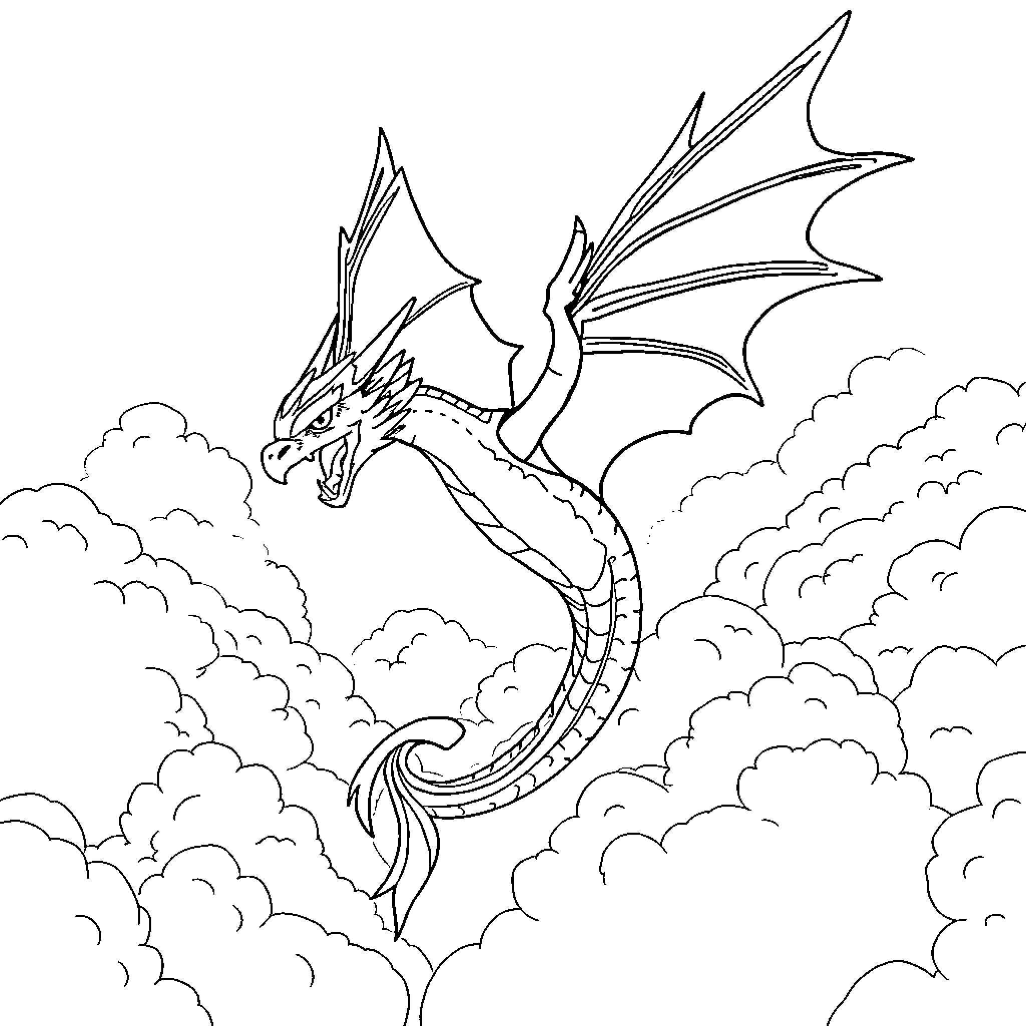 Thunder Dragon soaring through the clouds Coloring Page (free black-and-white line drawing printable PDF for all, from beginners to advanced learners, including children, teens, adults, and seniors)