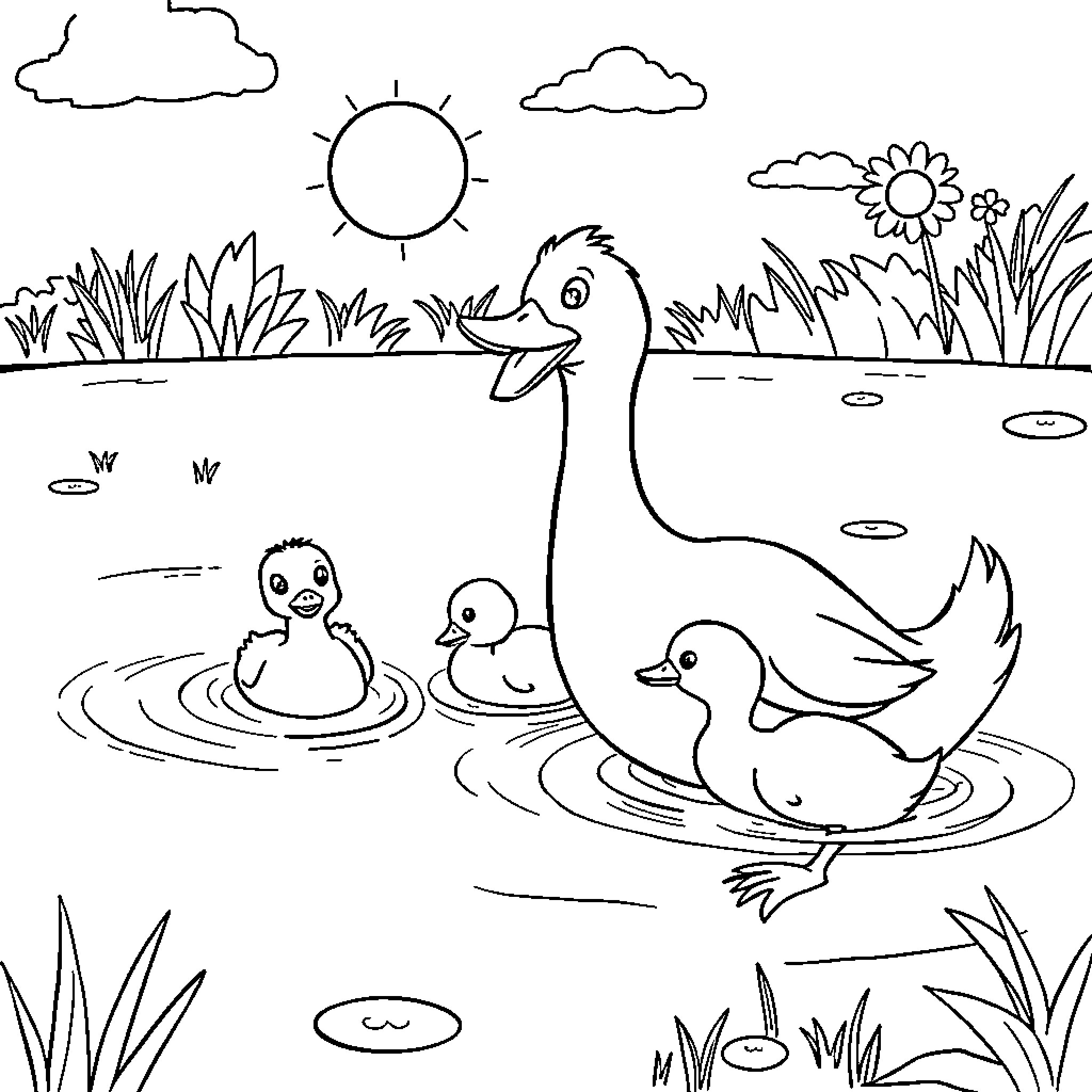 Duck family enjoying a sunny day at the pond Coloring Page (free black-and-white line drawing printable PDF for all, from beginners to advanced learners, including children, teens, adults, and seniors)