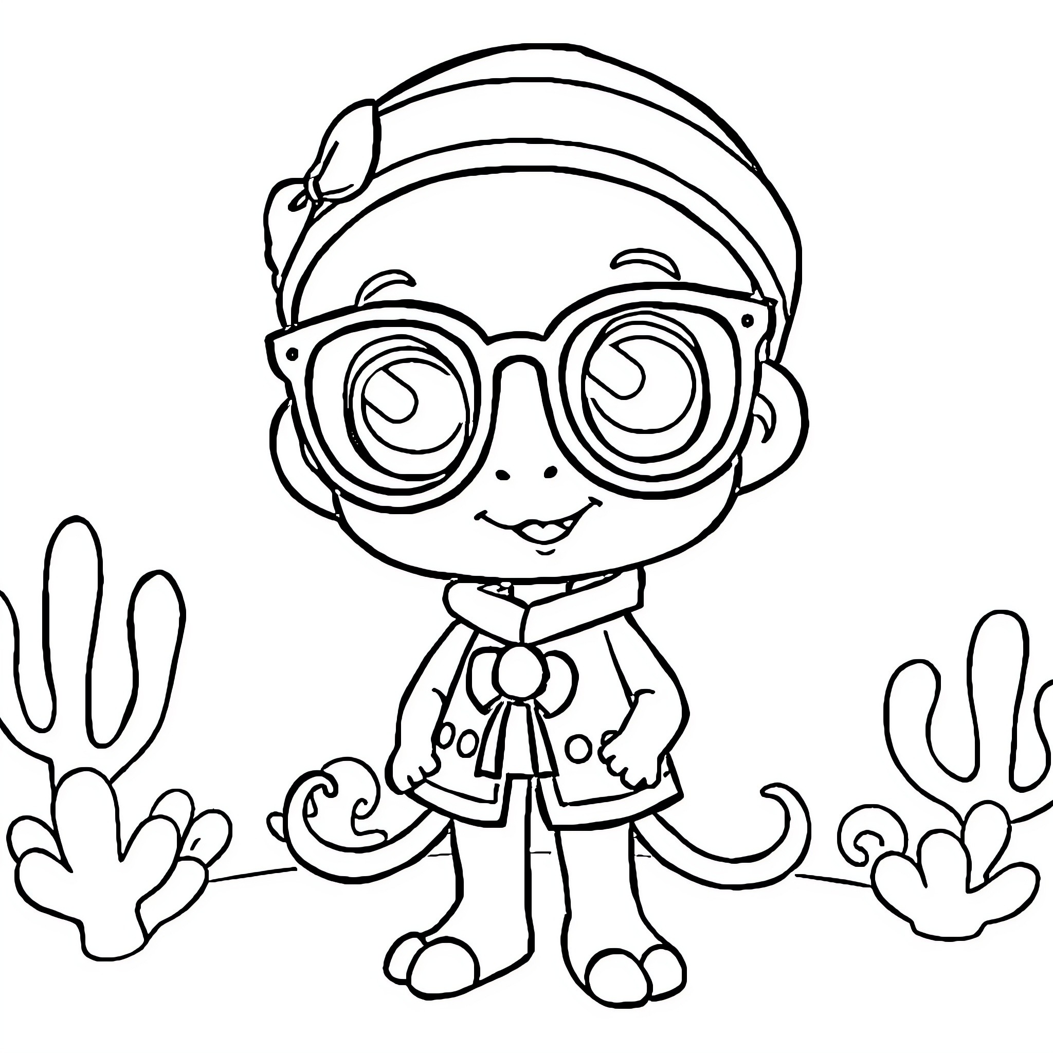 Squid Game Character with Glasses and Friendly Expression Coloring Page (free black-and-white line drawing printable PDF for all, from beginners to advanced learners, including children, teens, adults, and seniors)