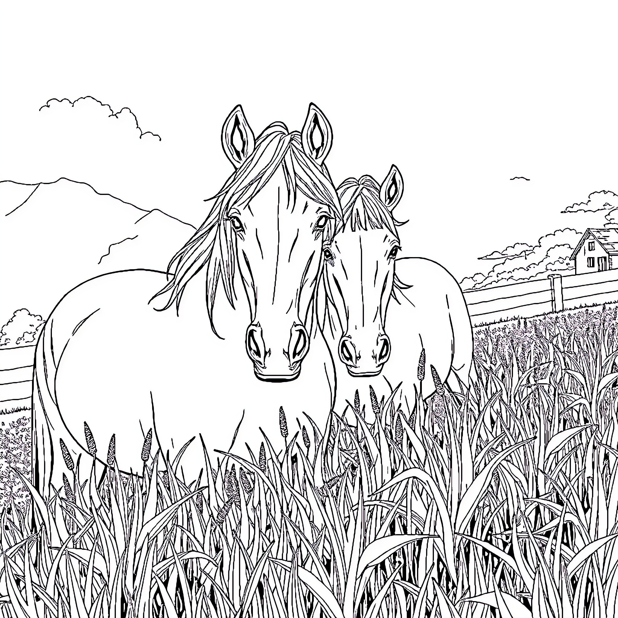 Horse grazing peacefully in a countryside field Coloring Page (free black-and-white line drawing printable PDF for all, from beginners to advanced learners, including children, teens, adults, and seniors)