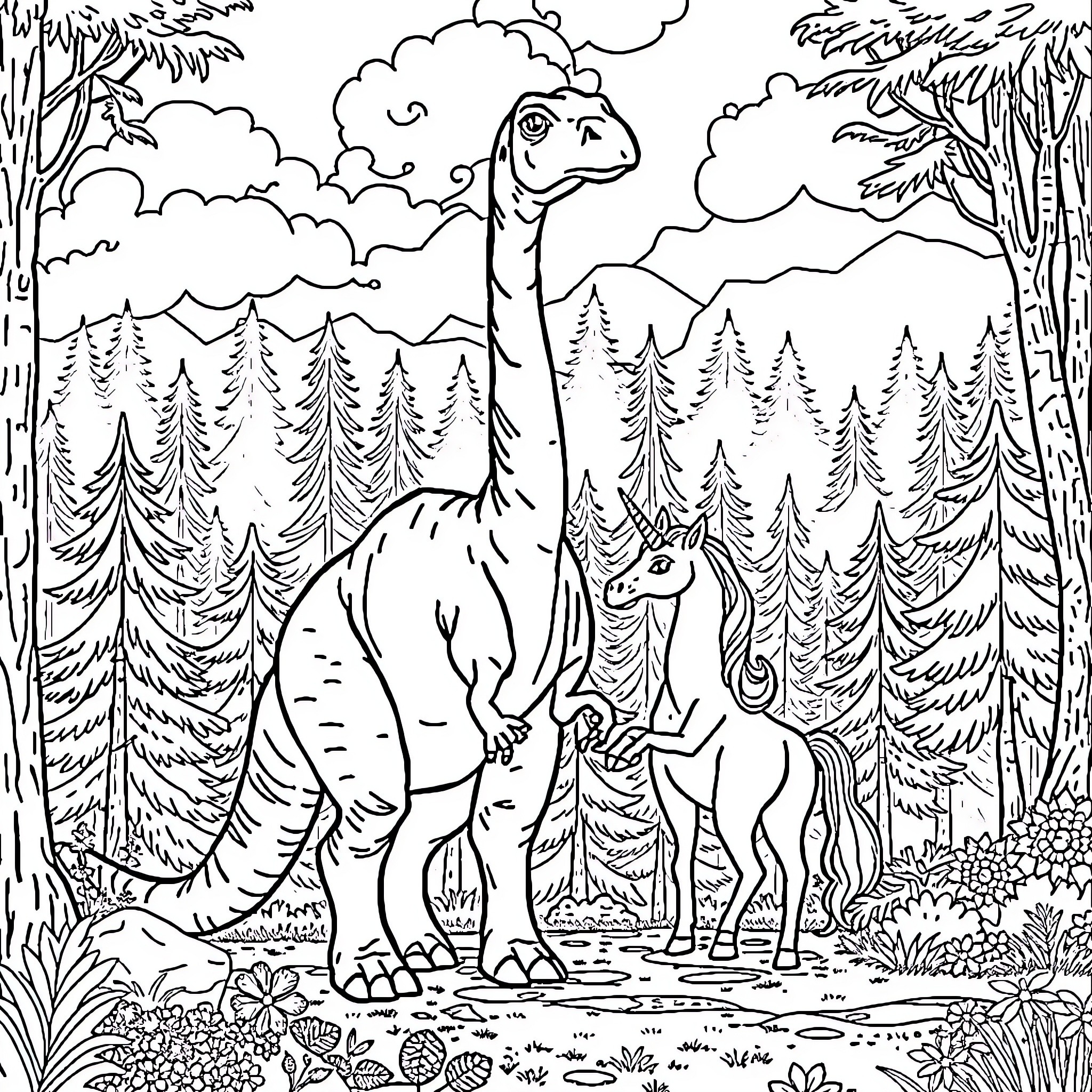 Brachiosaurus and its young in the forest Coloring Page (free black-and-white line drawing printable PDF for all, from beginners to advanced learners, including children, teens, adults, and seniors)
