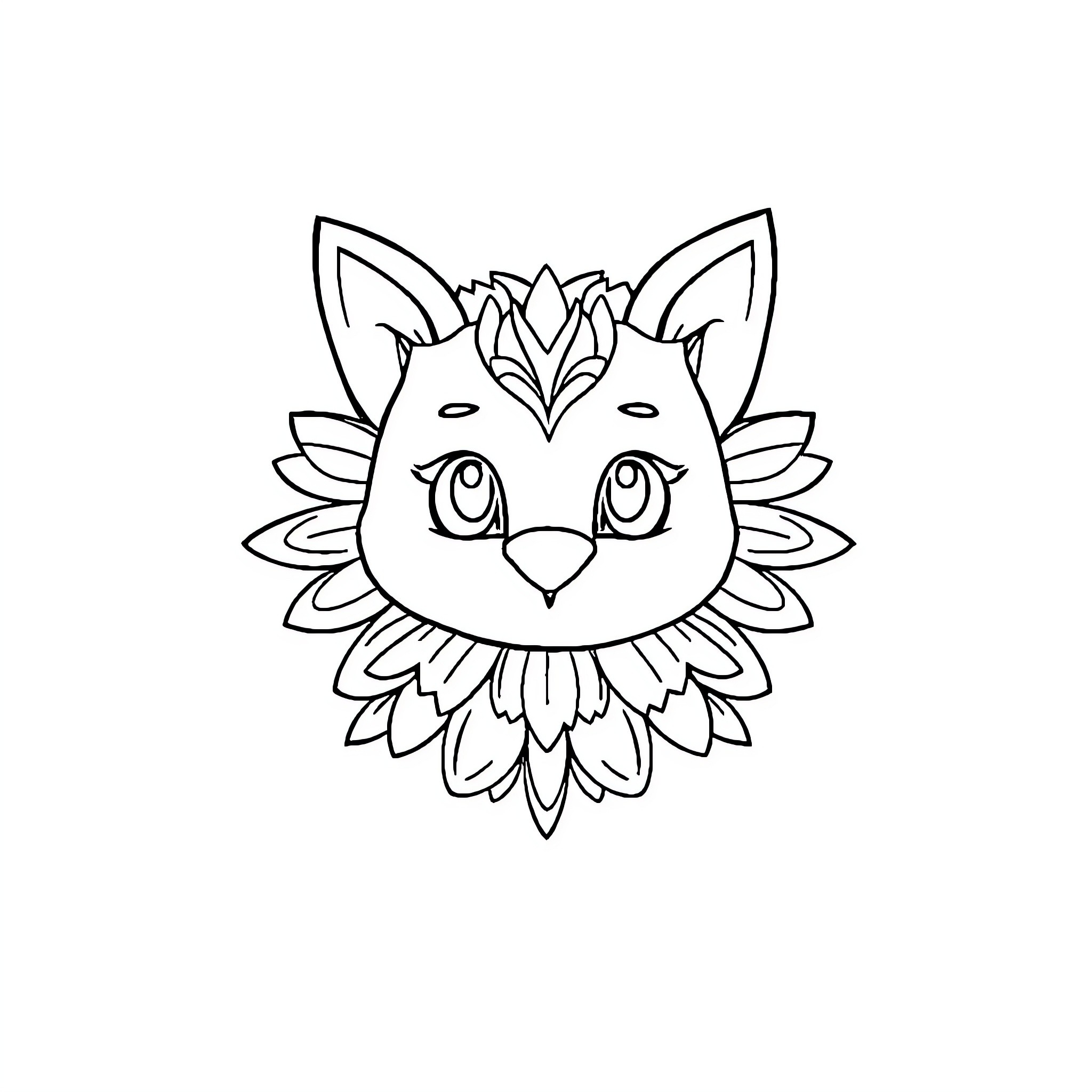 Drawing of a Whimsical Cat Face Coloring Page (free black-and-white line drawing printable PDF for all, from beginners to advanced learners, including children, teens, adults, and seniors)