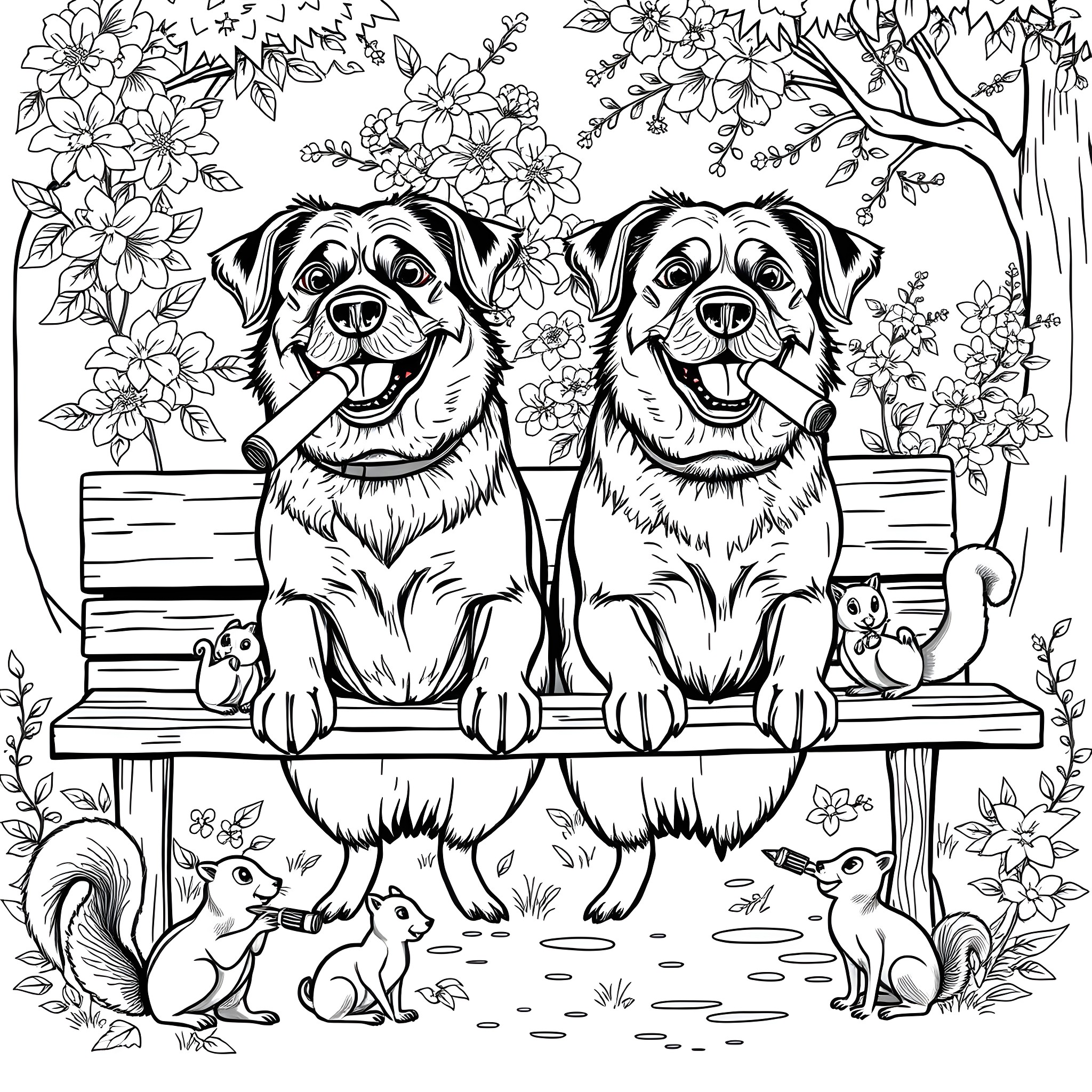 Dogs relaxing together on a bench in a flower garden Coloring Page (free black-and-white line drawing printable PDF for all, from beginners to advanced learners, including children, teens, adults, and seniors)