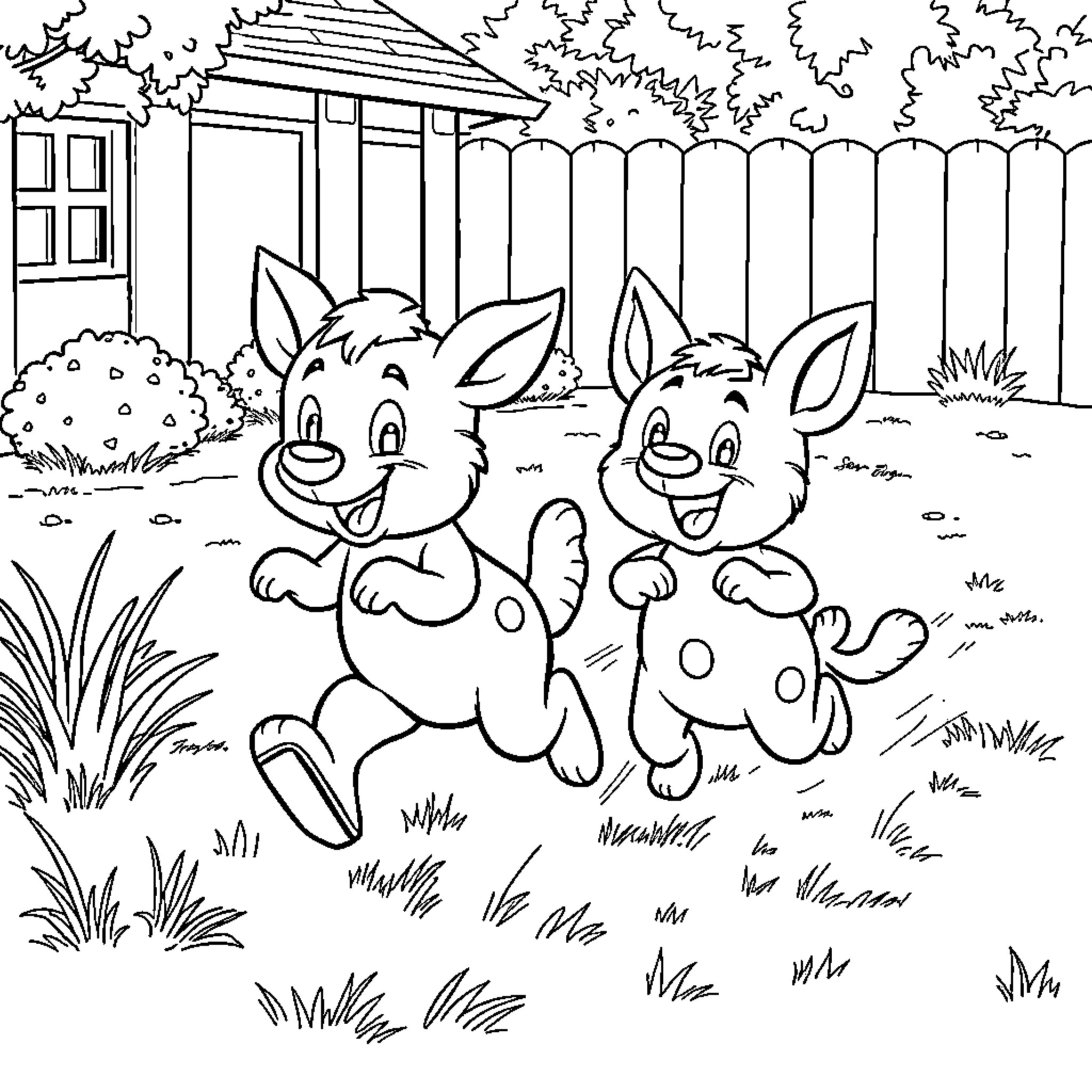 Bluey and friends playing in the backyard Coloring Page (free black-and-white line drawing printable PDF for all, from beginners to advanced learners, including children, teens, adults, and seniors)