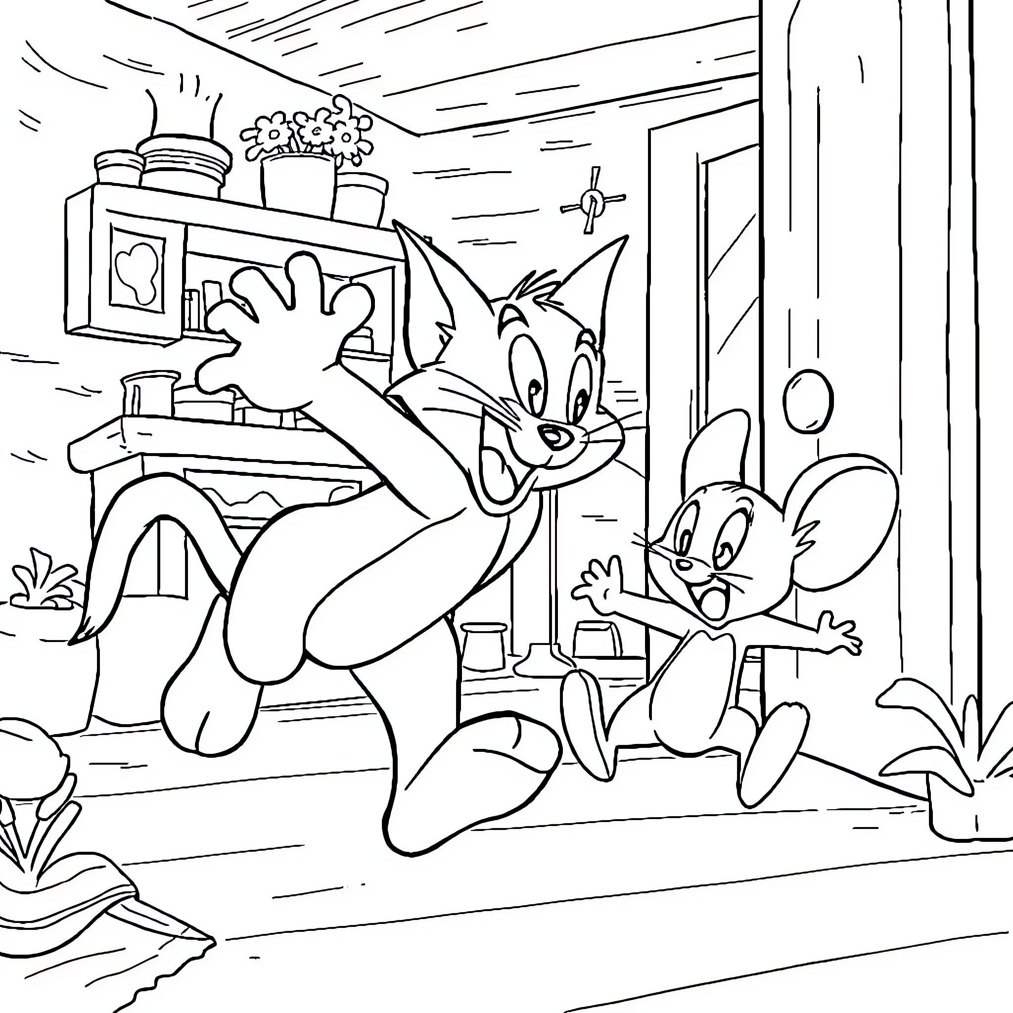 Tom and Jerry's Humorous Antics in a Cozy Home Coloring Page (free black-and-white line drawing printable PDF for all, from beginners to advanced learners, including children, teens, adults, and seniors)