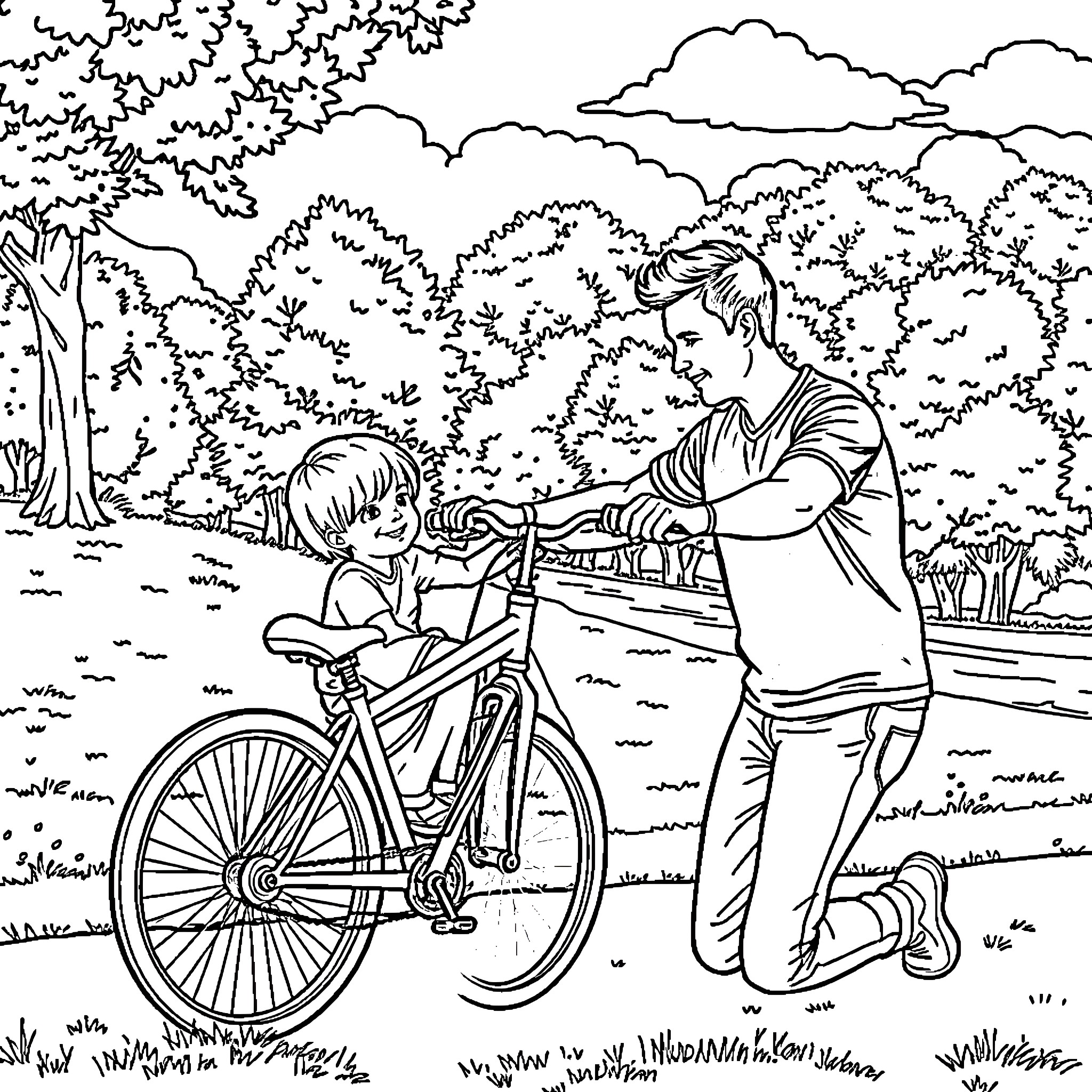 Dad helps son fix his bicycle in the park Coloring Page (free black-and-white line drawing printable PDF for all, from beginners to advanced learners, including children, teens, adults, and seniors)