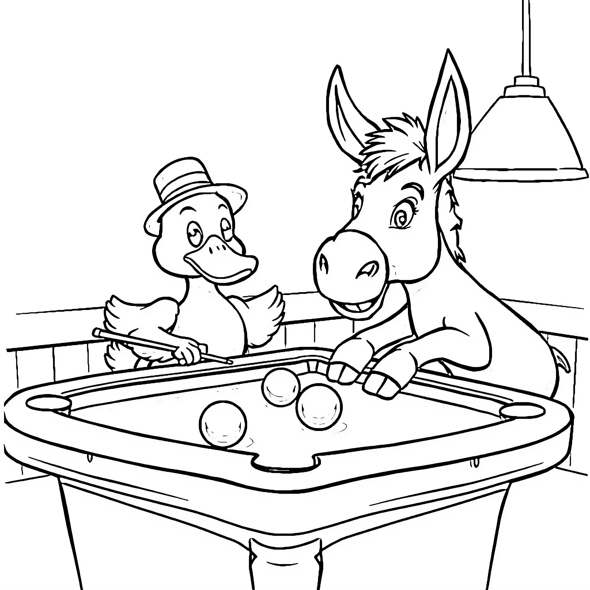 Duck and Donkey Playing Pool Together Coloring Page (free black-and-white line drawing printable PDF for all, from beginners to advanced learners, including children, teens, adults, and seniors)