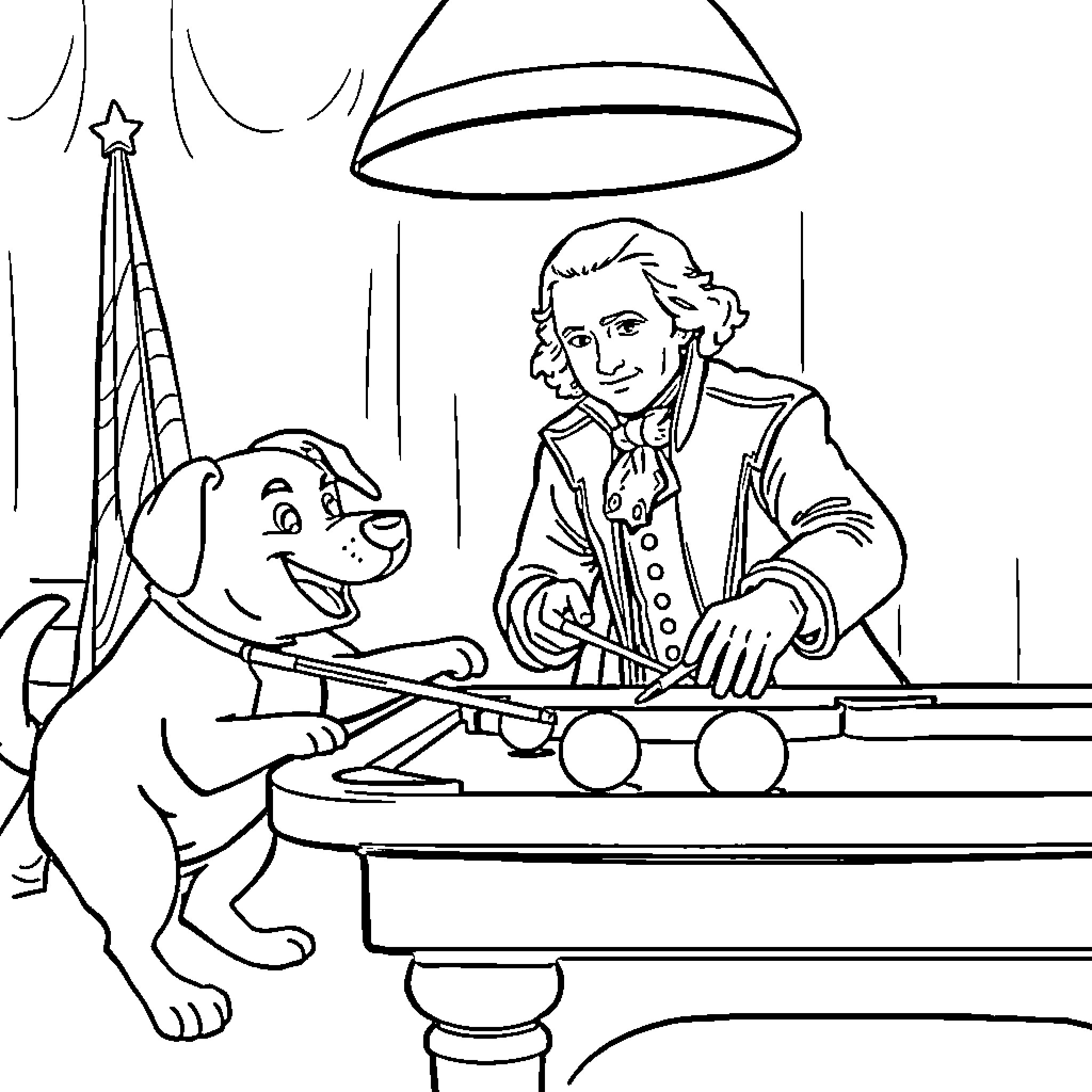 Dog watching man playing pool Coloring Page (free black-and-white line drawing printable PDF for all, from beginners to advanced learners, including children, teens, adults, and seniors)