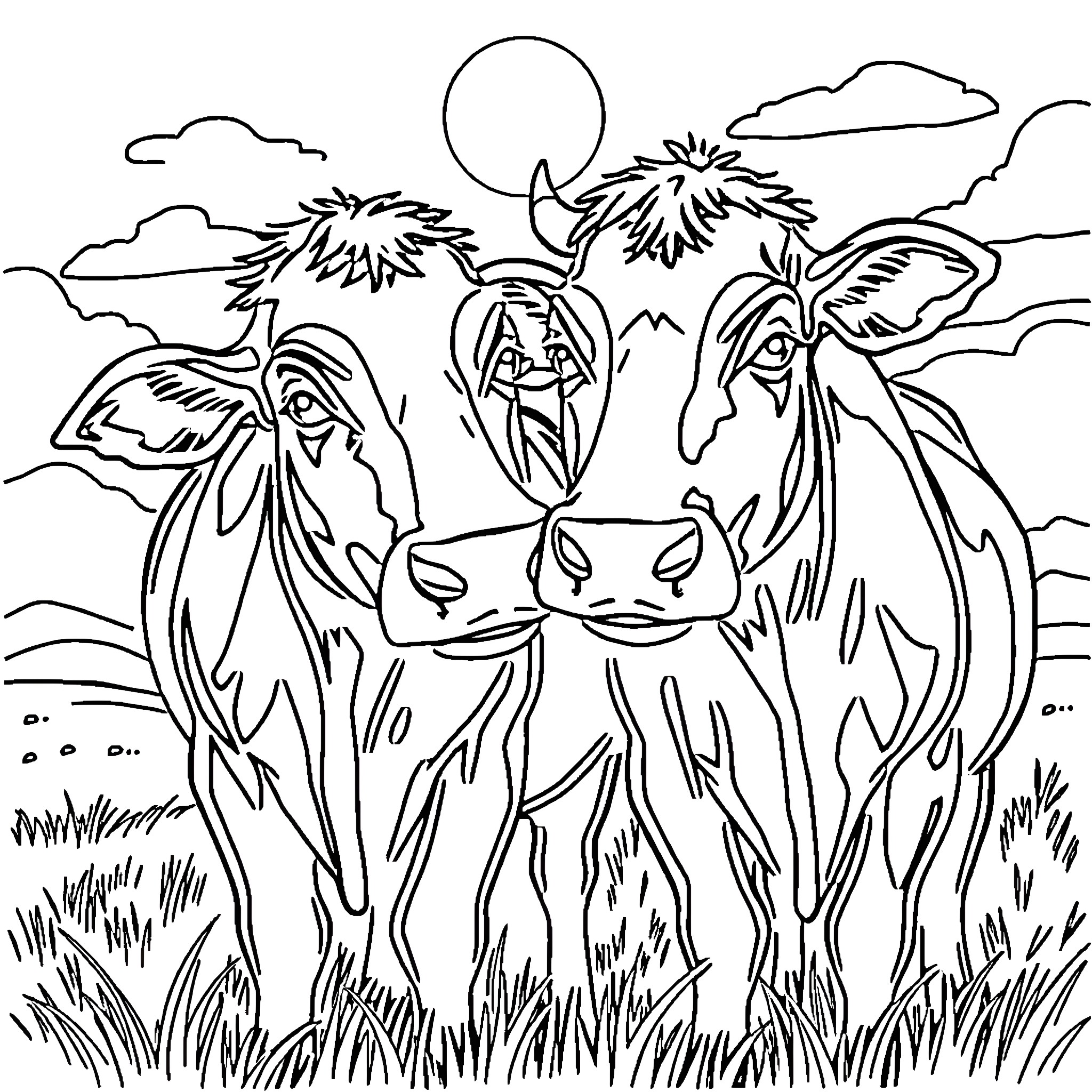 Cow gazing curiously in a pastoral scene Coloring Page (free black-and-white line drawing printable PDF for all, from beginners to advanced learners, including children, teens, adults, and seniors)