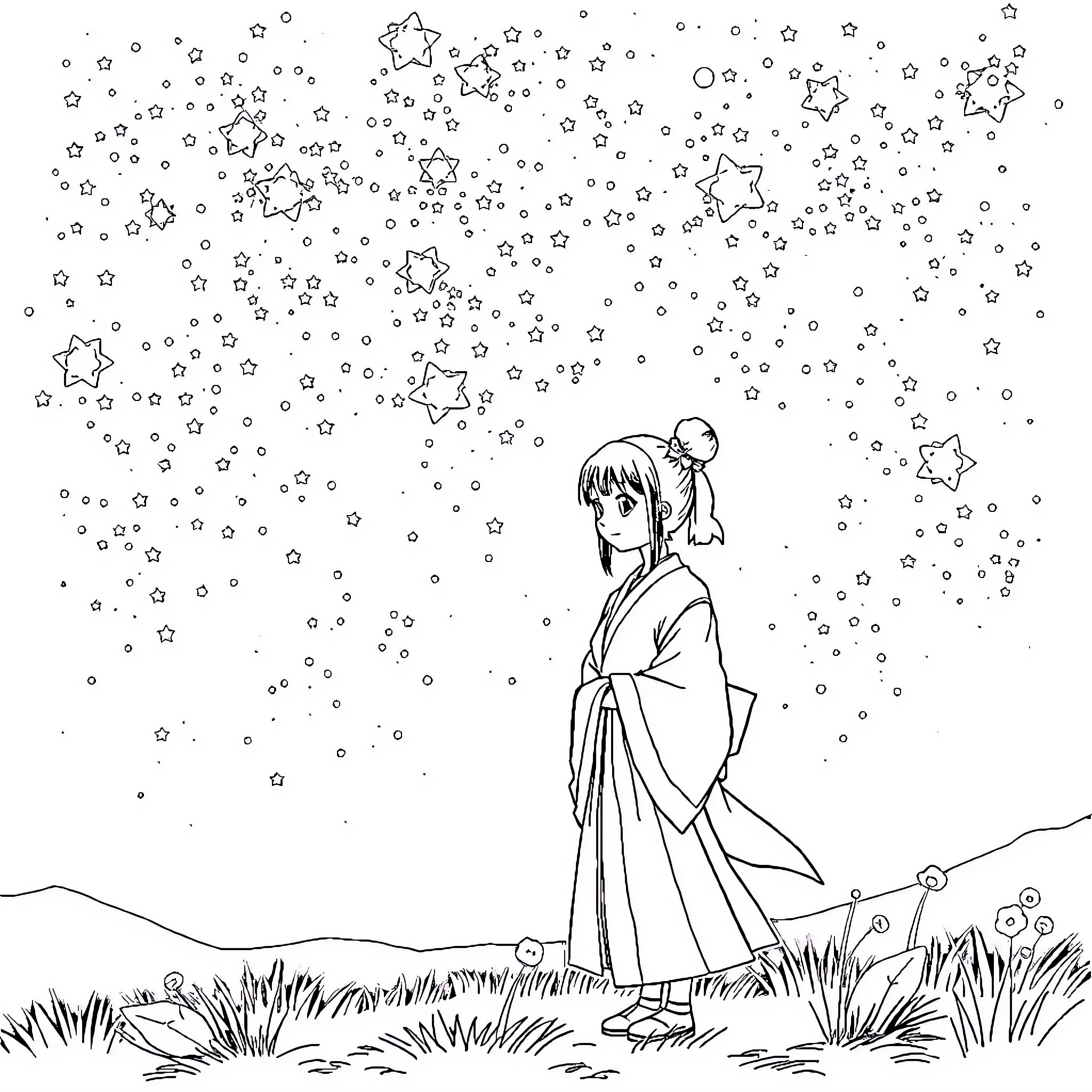 Tanjiro in a starry night landscape Coloring Page (free black-and-white line drawing printable PDF for all, from beginners to advanced learners, including children, teens, adults, and seniors)