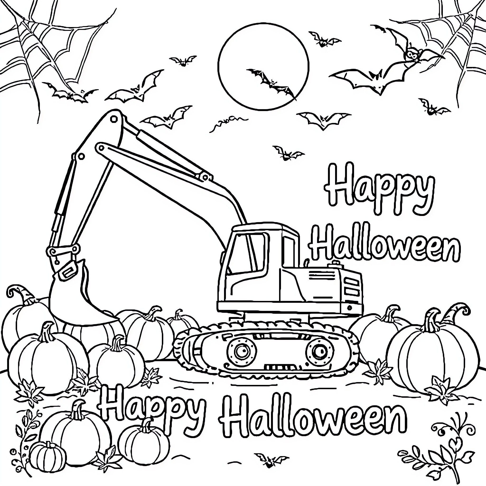 Excavator on a spooky Halloween scene Coloring Page (free black-and-white line drawing printable PDF for all, from beginners to advanced learners, including children, teens, adults, and seniors)