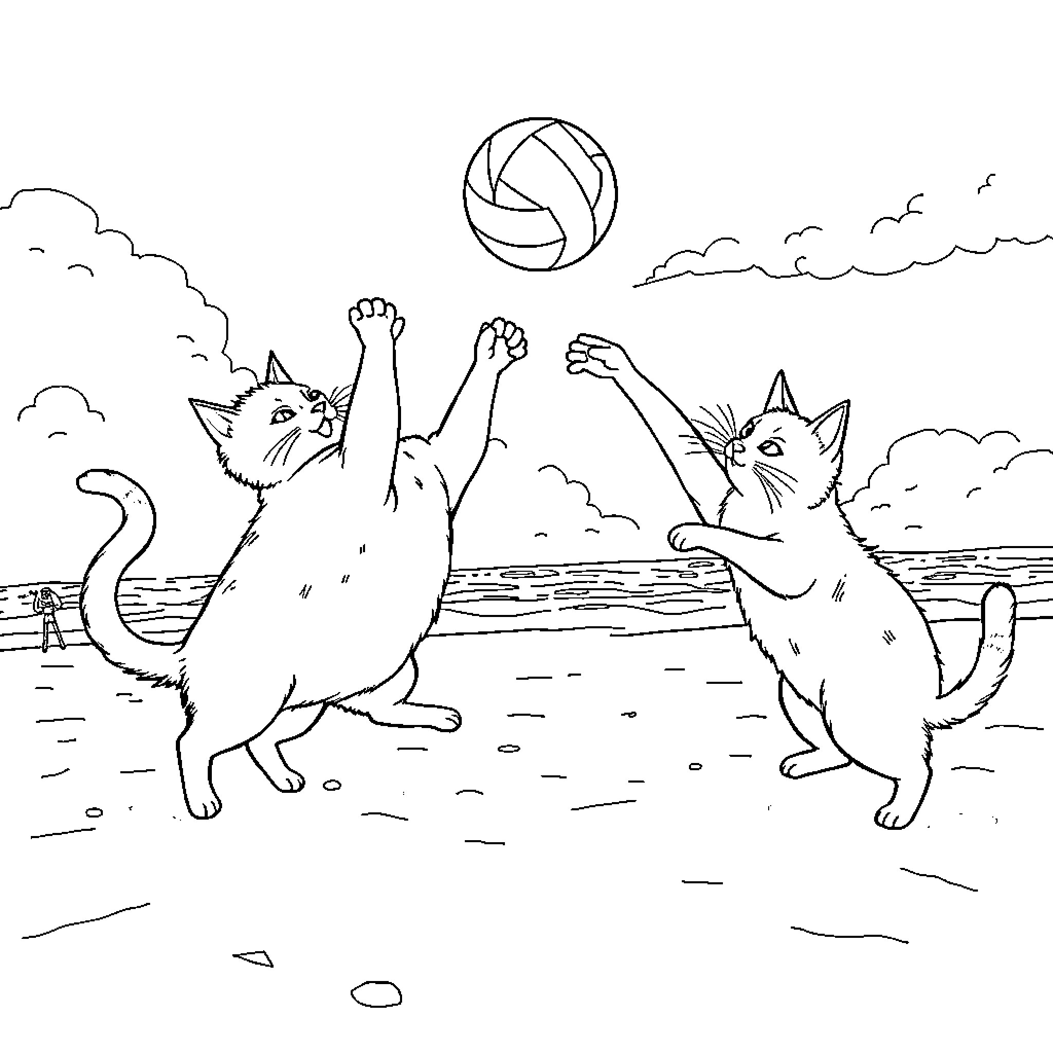 Cats playing and jumping with beach ball on the shore Coloring Page (free black-and-white line drawing printable PDF for all, from beginners to advanced learners, including children, teens, adults, and seniors)