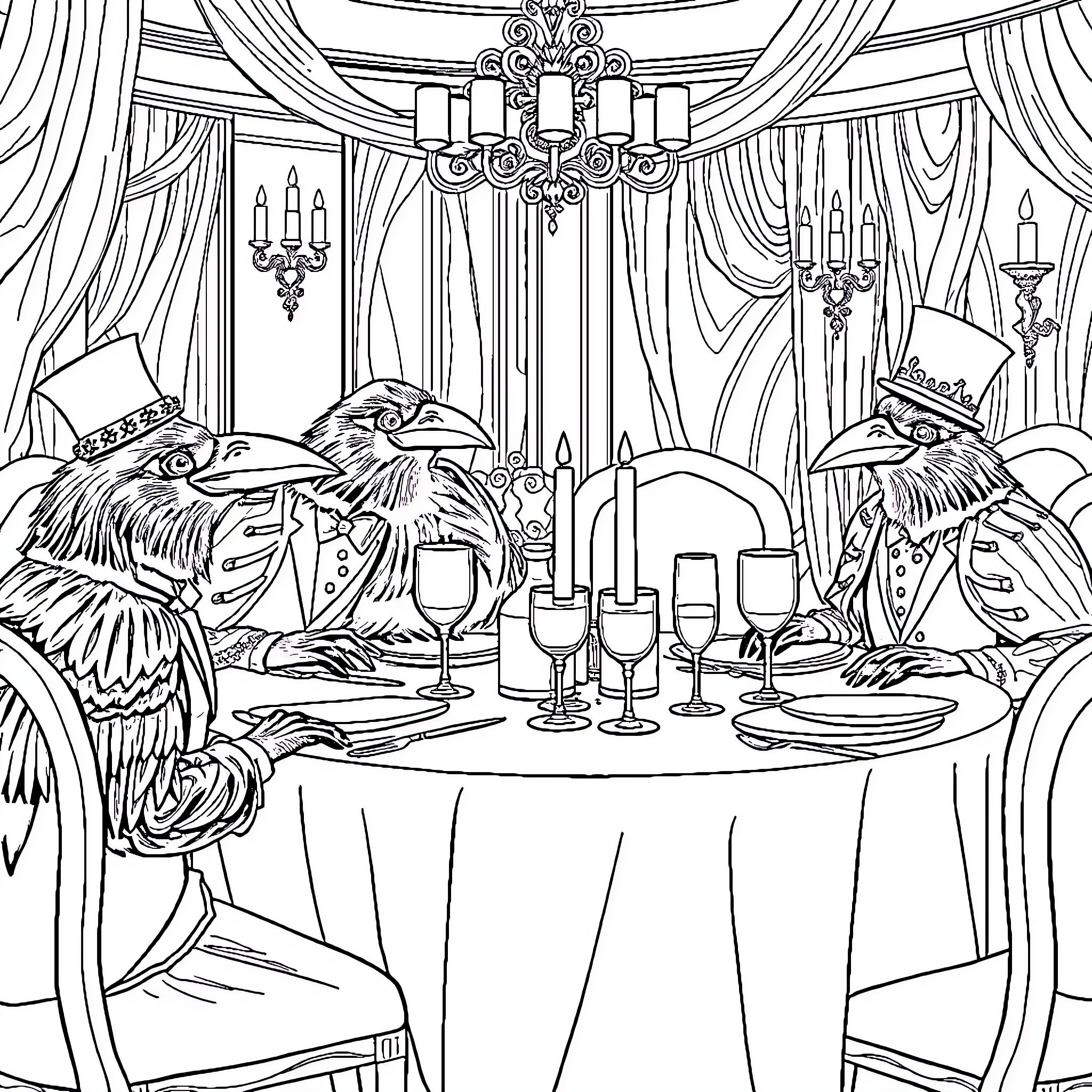 Crow Enjoying a Fancy Dinner Party Coloring Page (free black-and-white line drawing printable PDF for all, from beginners to advanced learners, including children, teens, adults, and seniors)