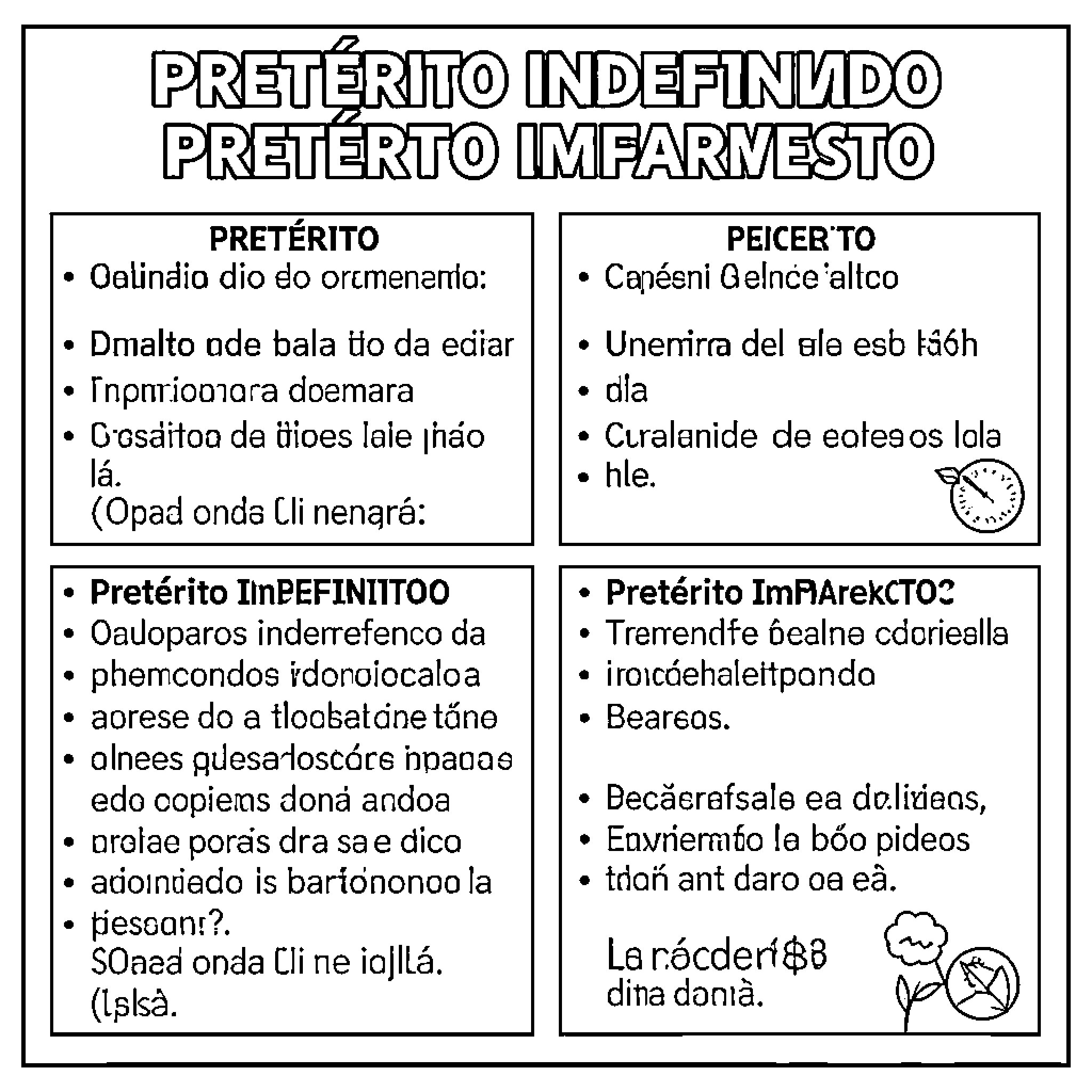 Grammar text presentation with structured information and small icons Coloring Page (free black-and-white line drawing printable PDF for all, from beginners to advanced learners, including children, teens, adults, and seniors)