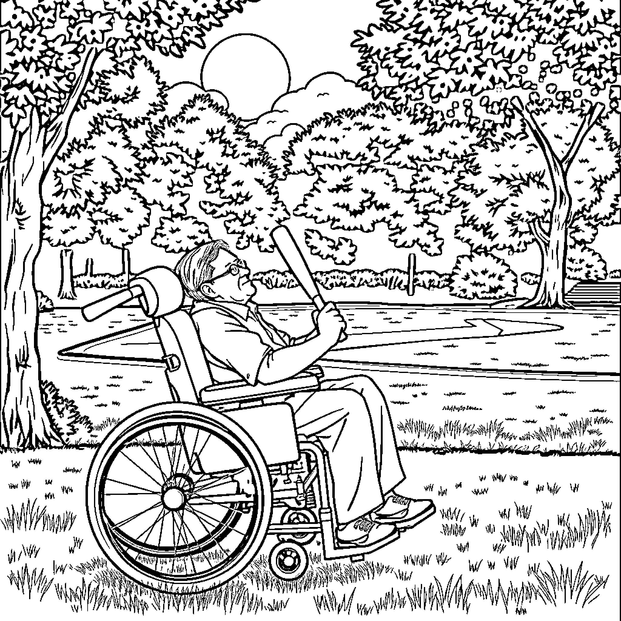 Stephen Hawking enjoying the outdoors in a wheelchair Coloring Page (free black-and-white line drawing printable PDF for all, from beginners to advanced learners, including children, teens, adults, and seniors)
