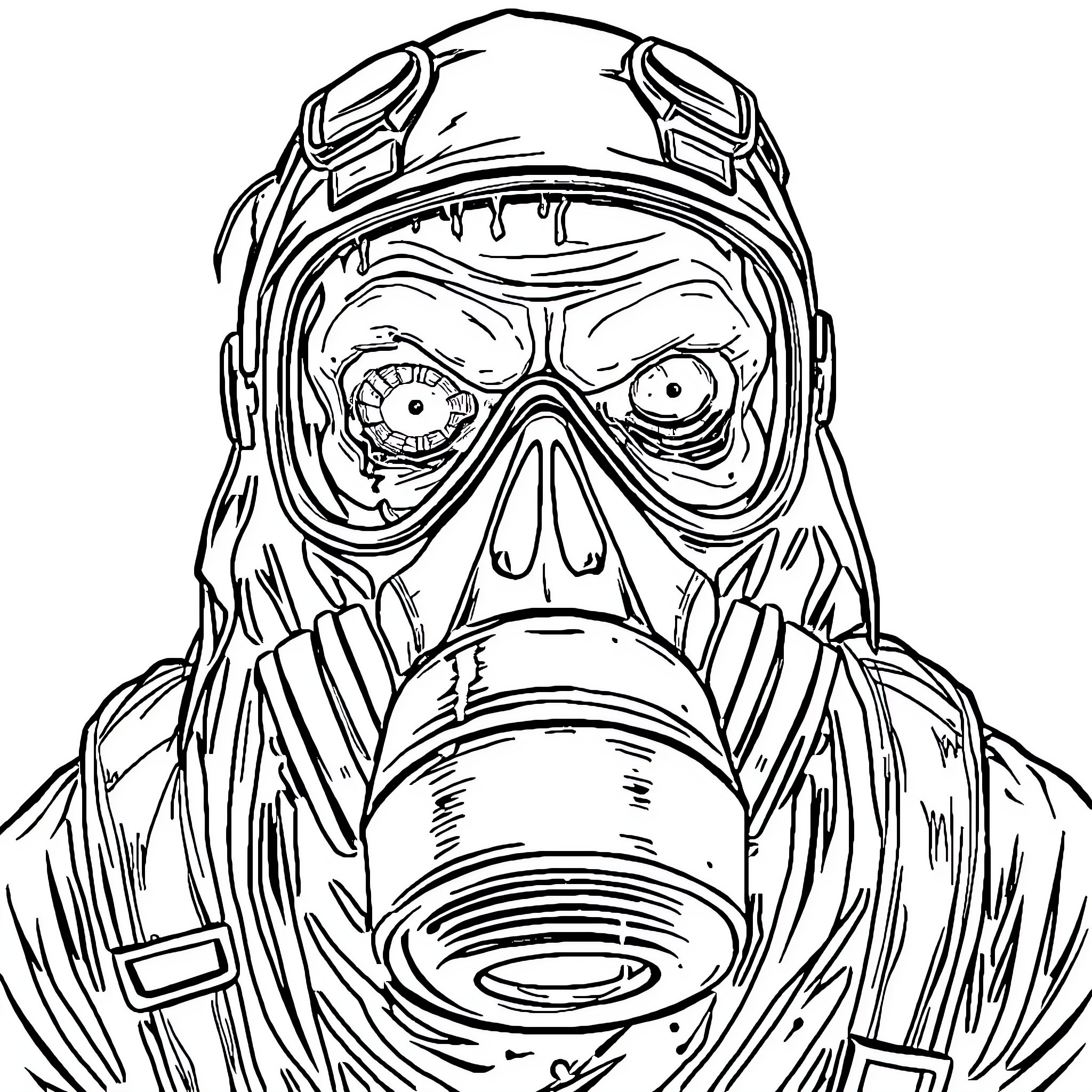 Zombie Warrior in Protective Gear Coloring Page (free black-and-white line drawing printable PDF for all, from beginners to advanced learners, including children, teens, adults, and seniors)