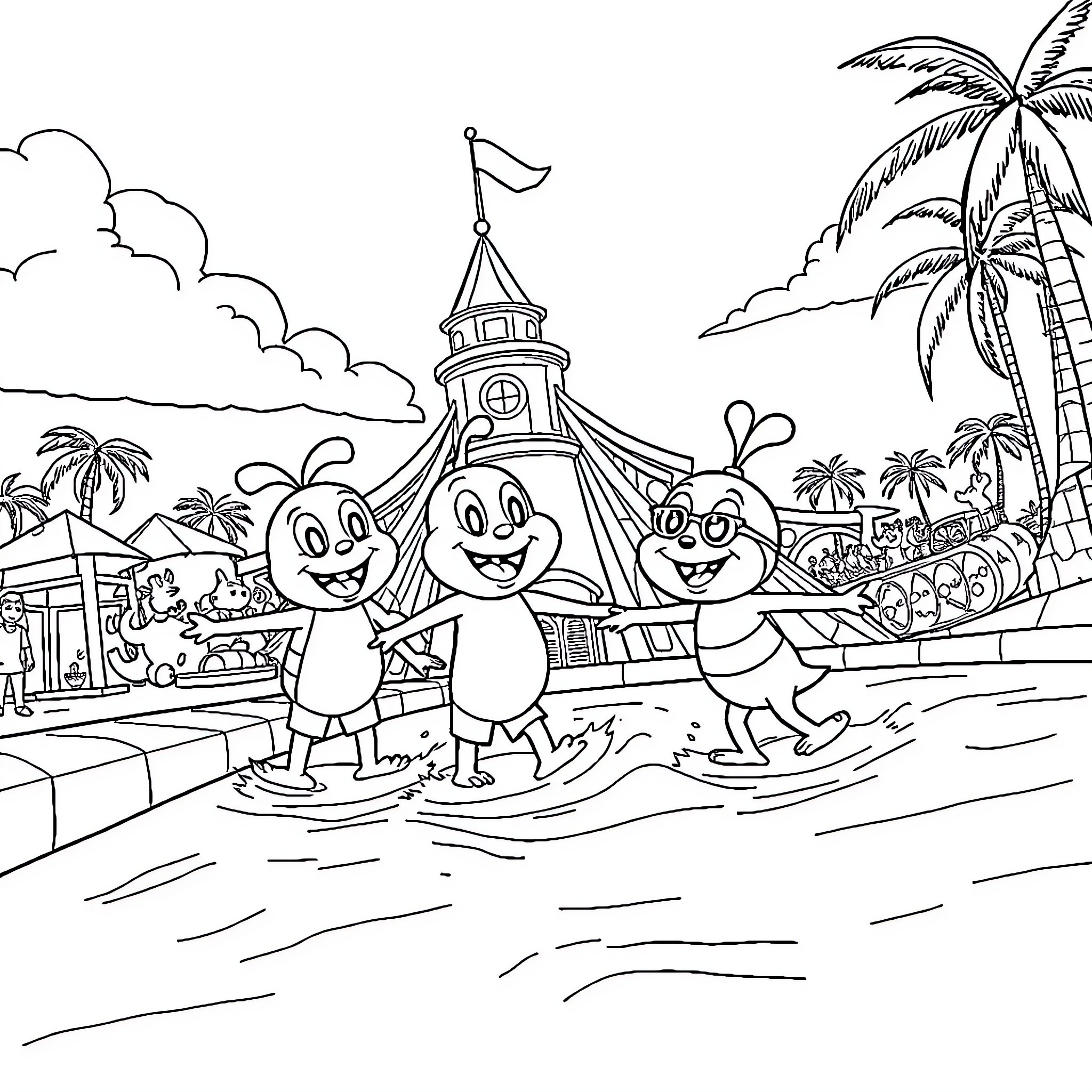 Pat Patrol characters playing on the beach Coloring Page (free black-and-white line drawing printable PDF for all, from beginners to advanced learners, including children, teens, adults, and seniors)