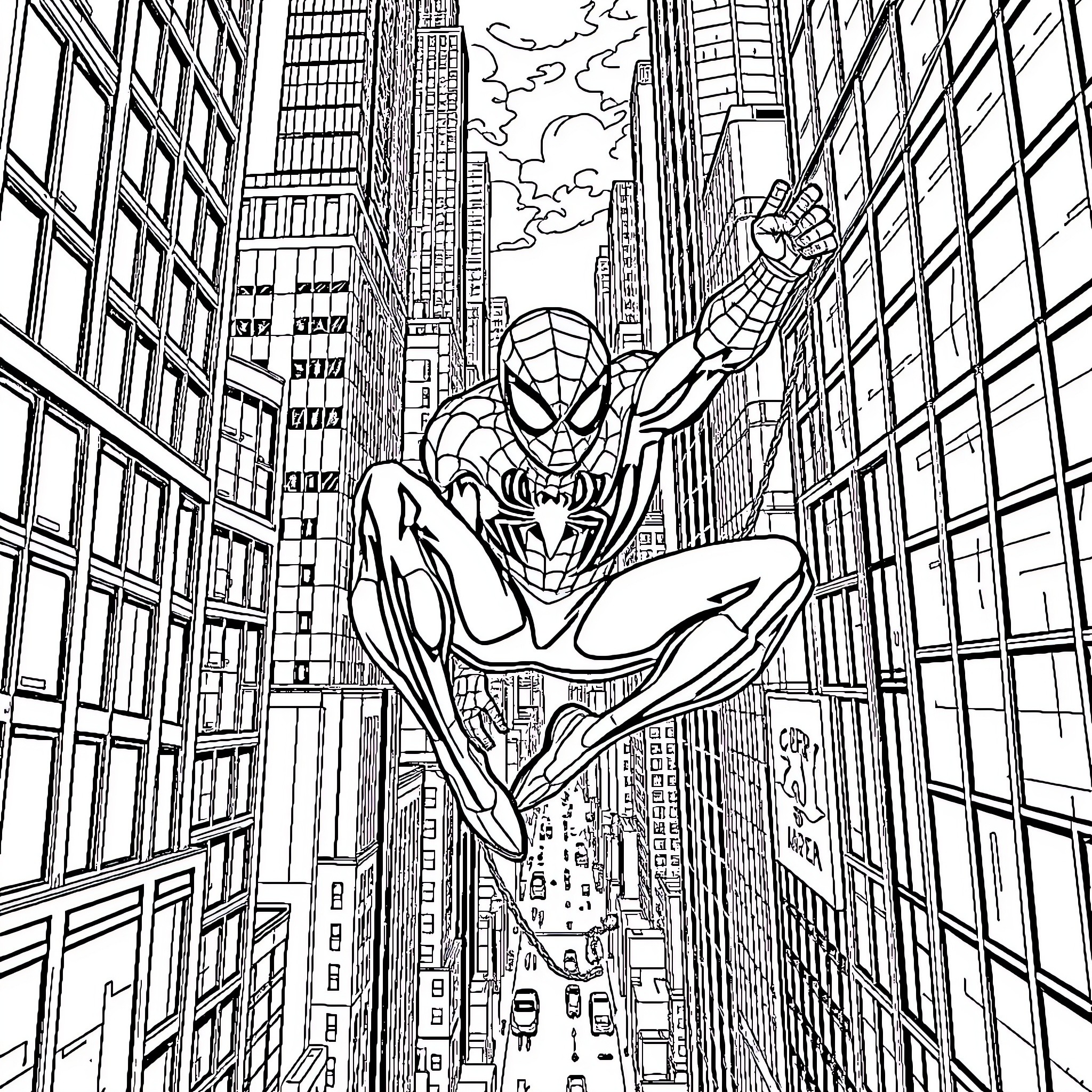 Spider-Man swinging through the city skyline Coloring Page (free black-and-white line drawing printable PDF for all, from beginners to advanced learners, including children, teens, adults, and seniors)