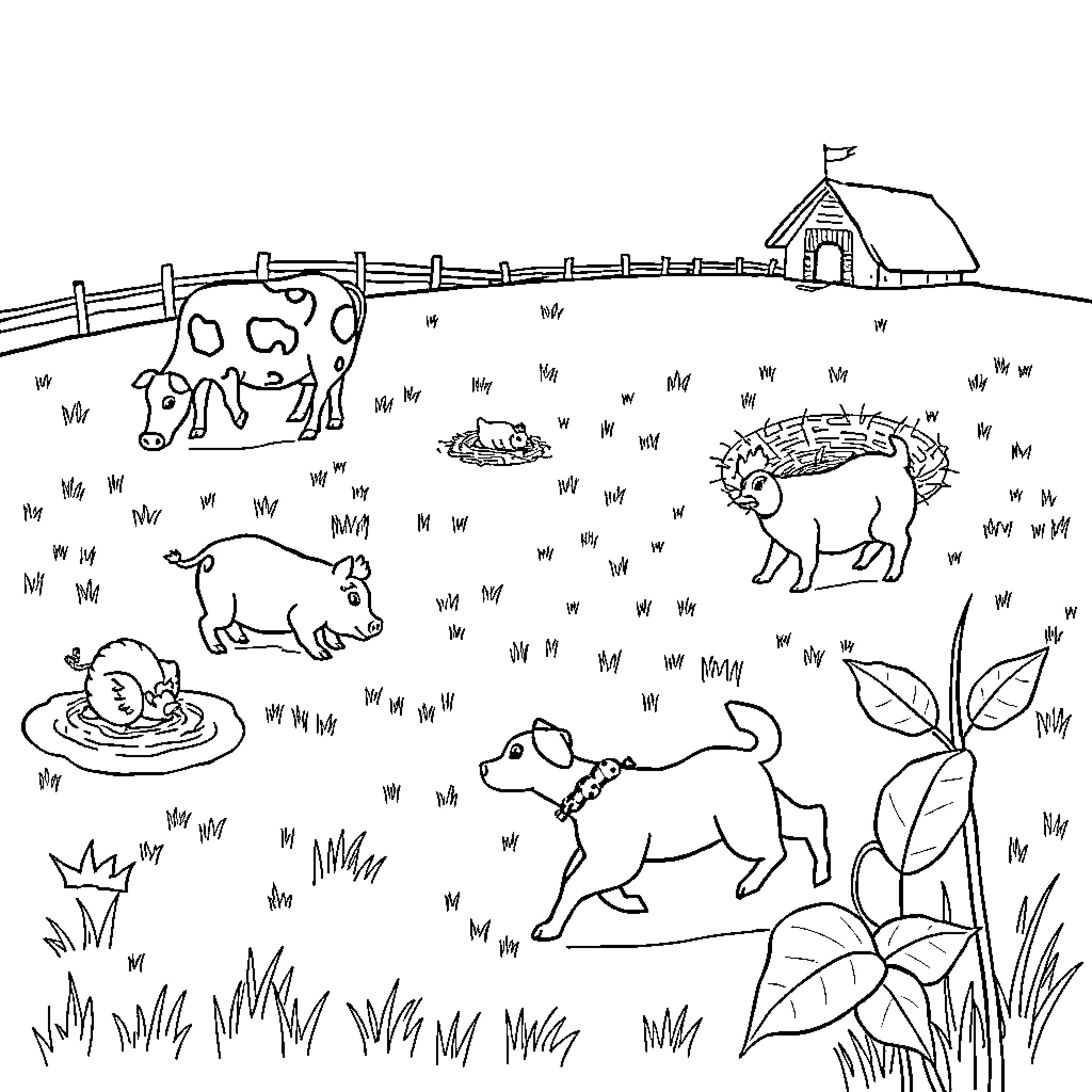 Farm Animals Enjoying a Peaceful Day on the Farm Coloring Page (free black-and-white line drawing printable PDF for all, from beginners to advanced learners, including children, teens, adults, and seniors)