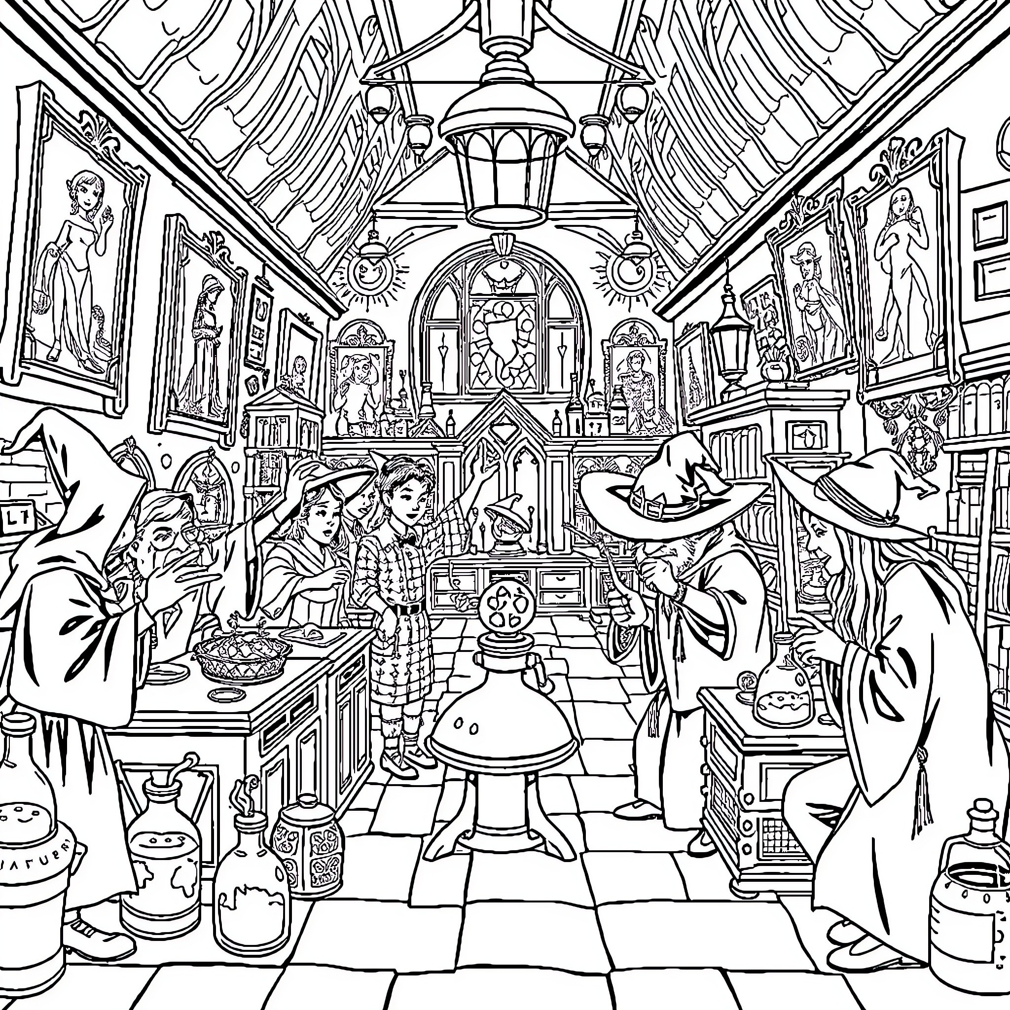 Wizard's Magical Workshop Filled with Wonders Coloring Page (free black-and-white line drawing printable PDF for all, from beginners to advanced learners, including children, teens, adults, and seniors)