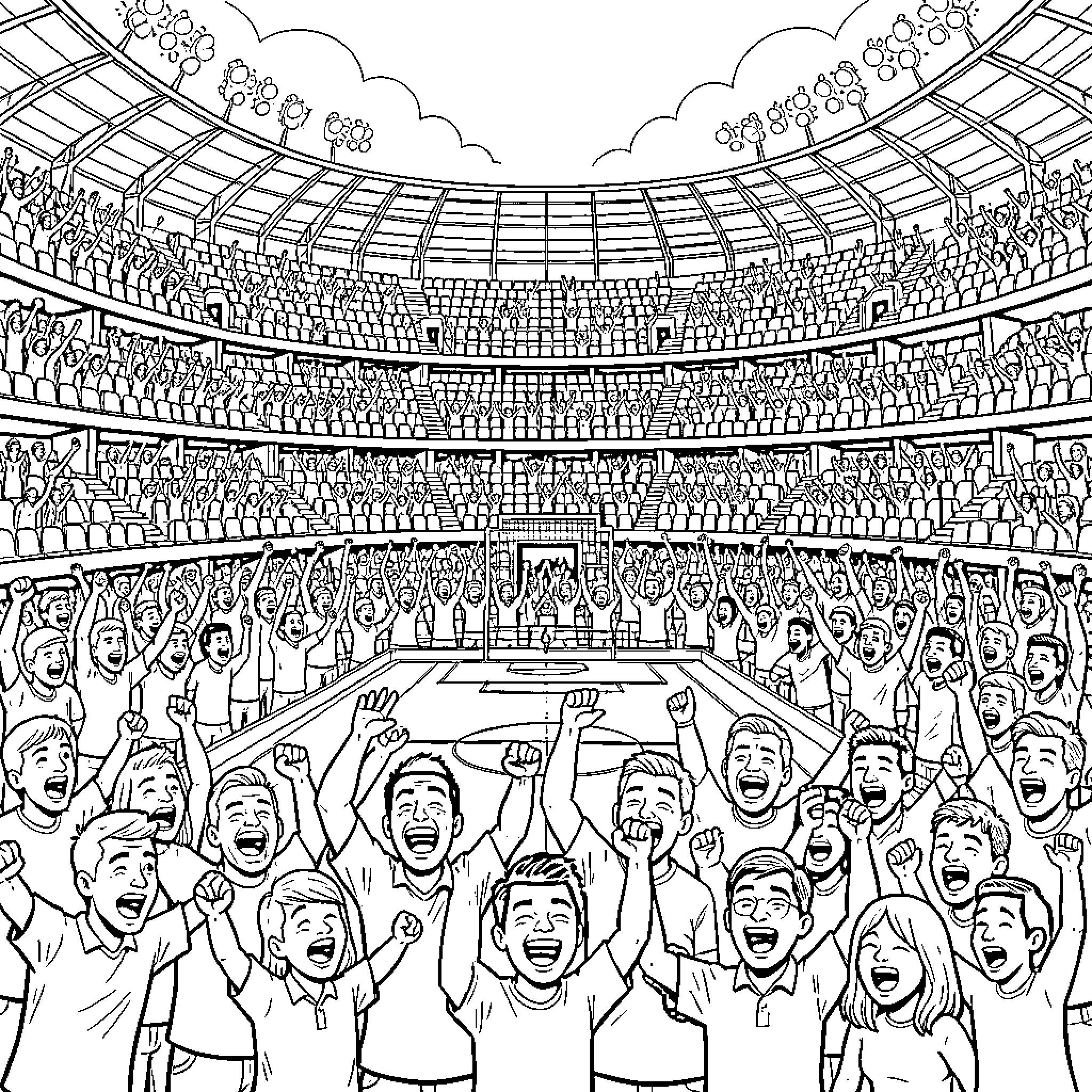 La Bombonera: Fans Celebrate Victory in the Stadium Coloring Page (free black-and-white line drawing printable PDF for all, from beginners to advanced learners, including children, teens, adults, and seniors)
