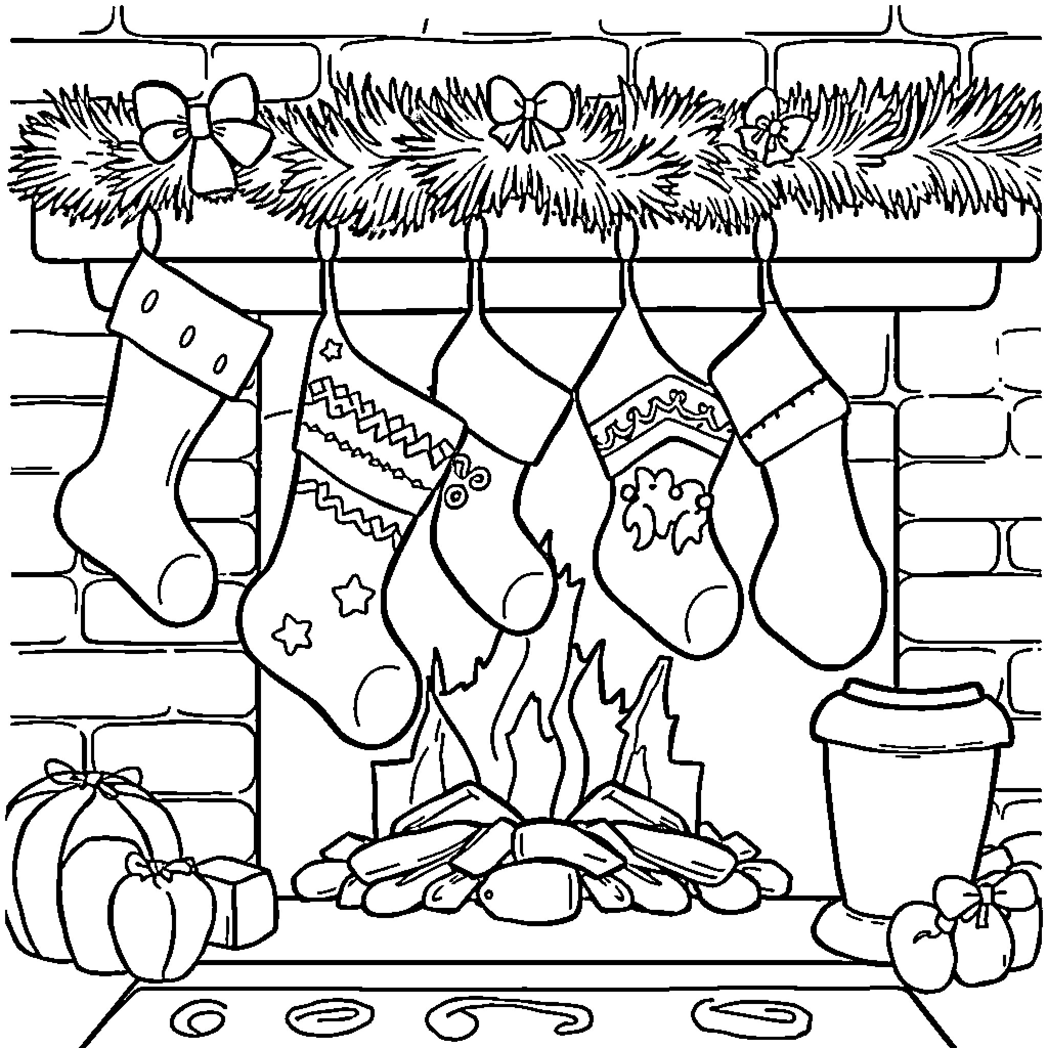 Sock Decorations Hanging by the Fireplace Coloring Page (free black-and-white line drawing printable PDF for all, from beginners to advanced learners, including children, teens, adults, and seniors)