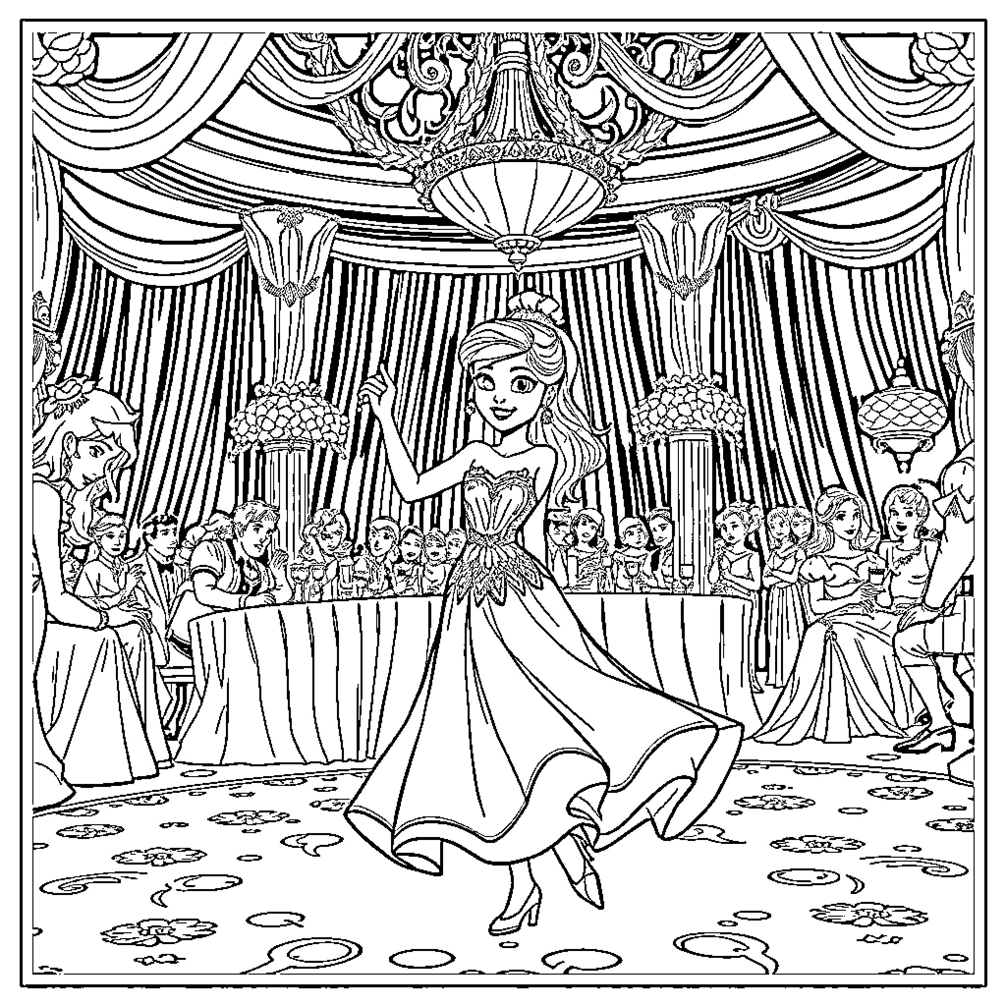Evie dancing gracefully in a formal ballroom setting Coloring Page (free black-and-white line drawing printable PDF for all, from beginners to advanced learners, including children, teens, adults, and seniors)