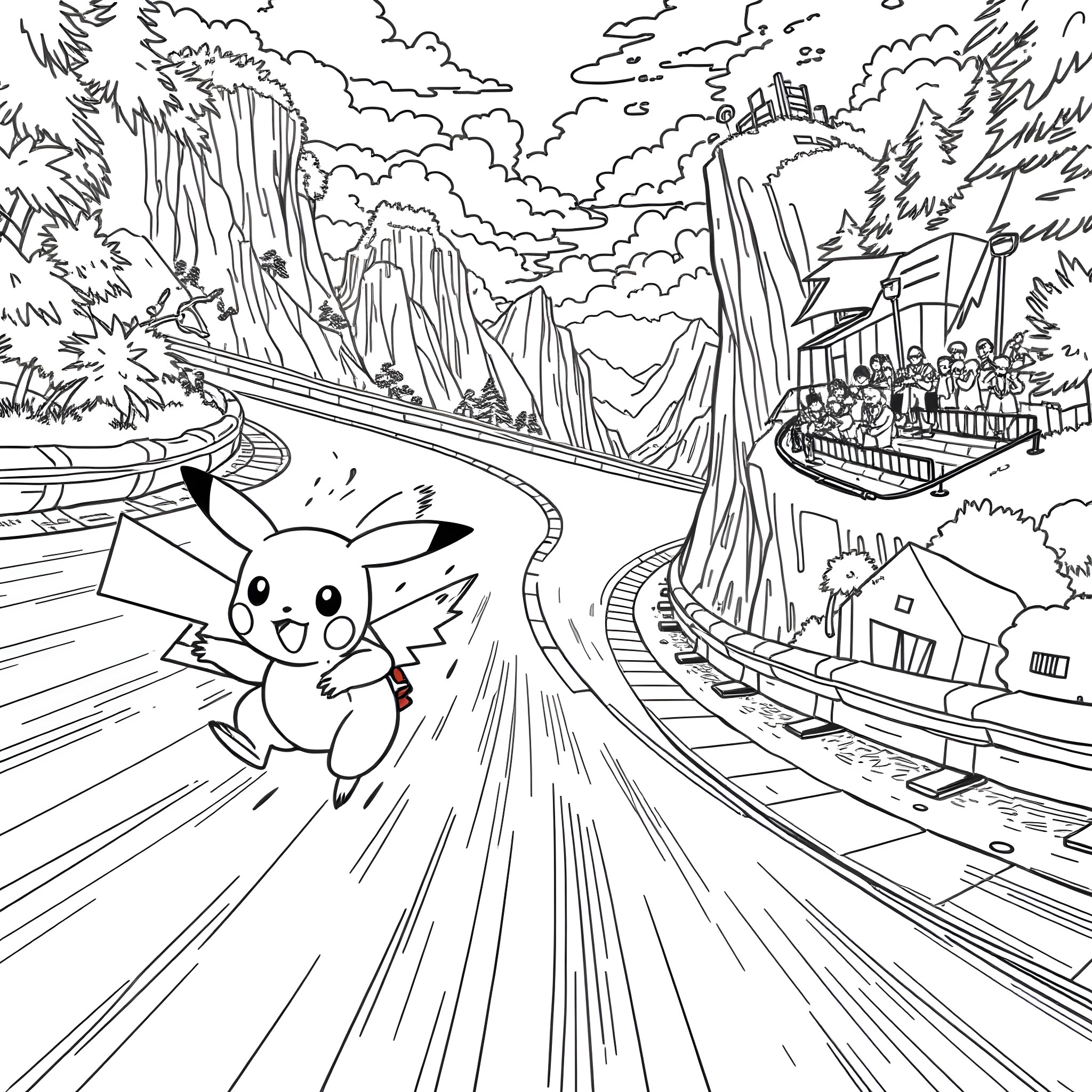Pikachu racing through a fantastical landscape Coloring Page (free black-and-white line drawing printable PDF for all, from beginners to advanced learners, including children, teens, adults, and seniors)
